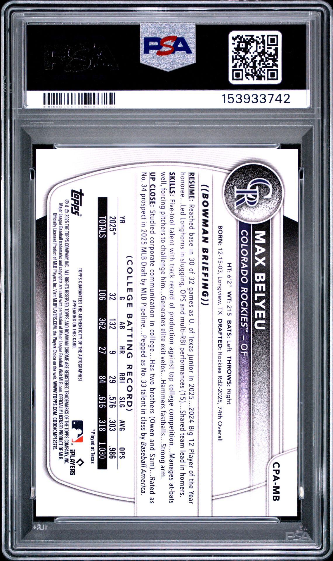 2025 Bowman Draft Chrome Prospect Autographs Max Belyeu #Cpa-Mb Mint 9 back