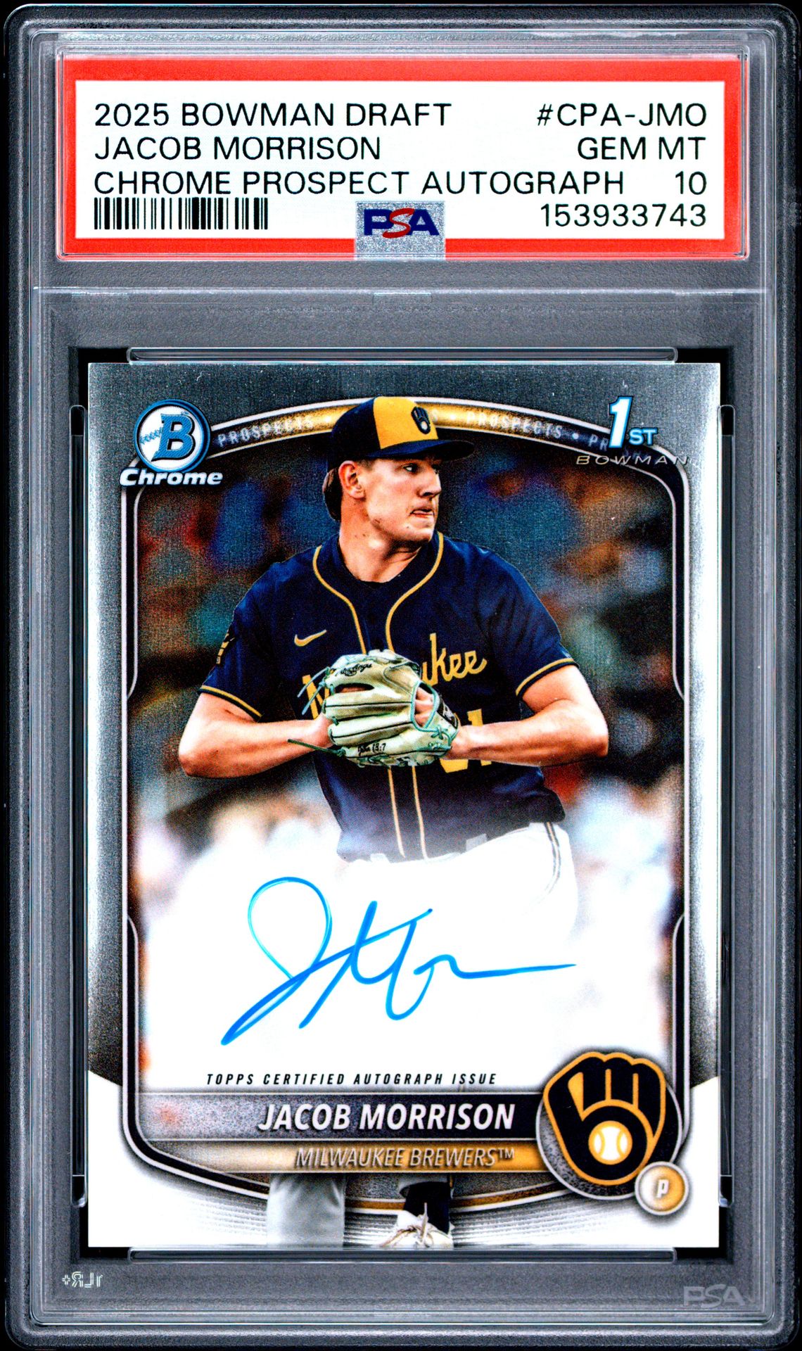 2025 Bowman Draft Chrome Prospect Autographs Jacob Morrison #Cpa-Jmo Gem Mt 10 front view - PSA graded GEM MT 10