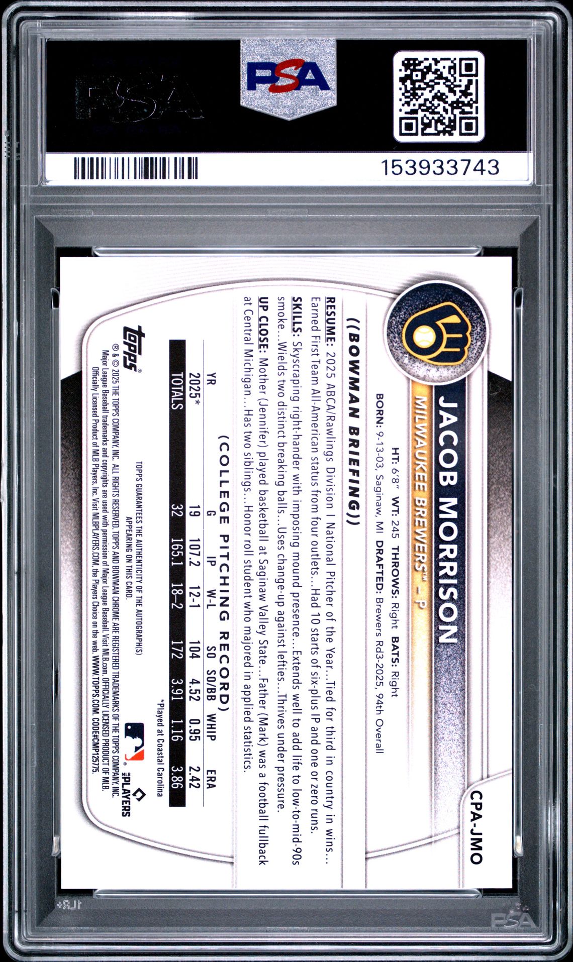 2025 Bowman Draft Chrome Prospect Autographs Jacob Morrison #Cpa-Jmo Gem Mt 10 back view - PSA certificate #153933743
