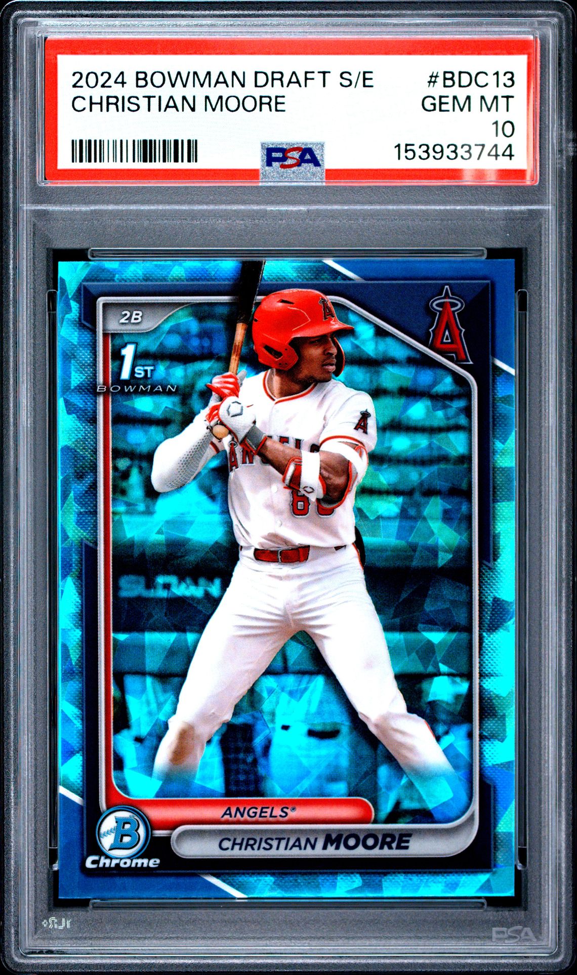 2024 Bowman Draft Sapphire Edition Christian Moore #Bdc13 Gem Mt 10 front view - PSA graded GEM MT 10