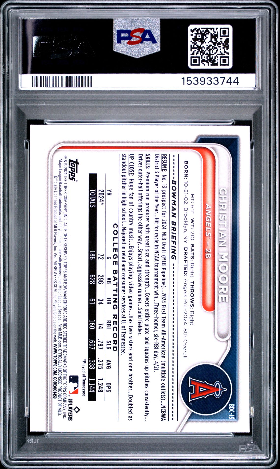 2024 Bowman Draft Sapphire Edition Christian Moore #Bdc13 Gem Mt 10 back view - PSA certificate #153933744