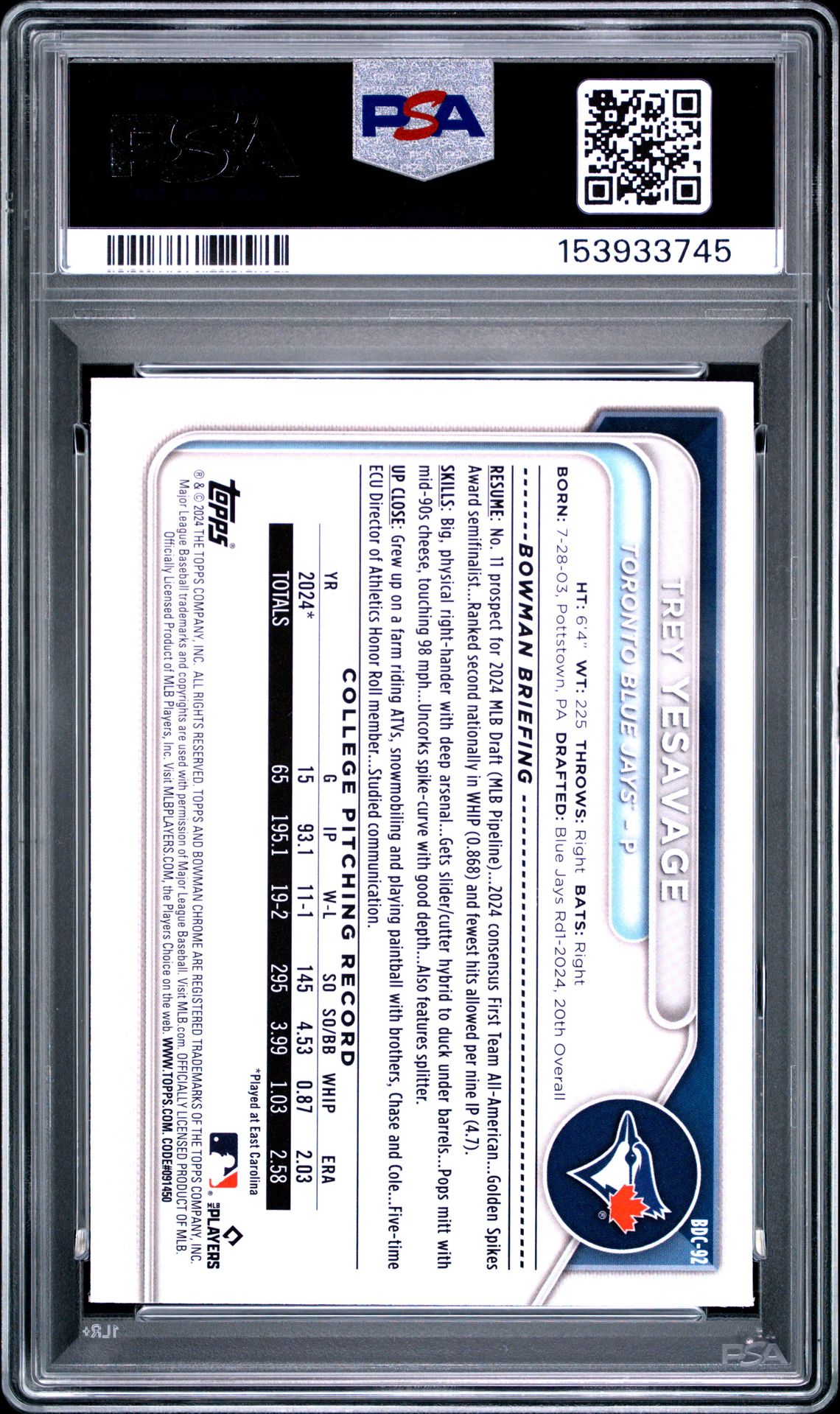 2024 Bowman Draft Sapphire Edition Trey Yesavage #Bdc92 Mint 9 back