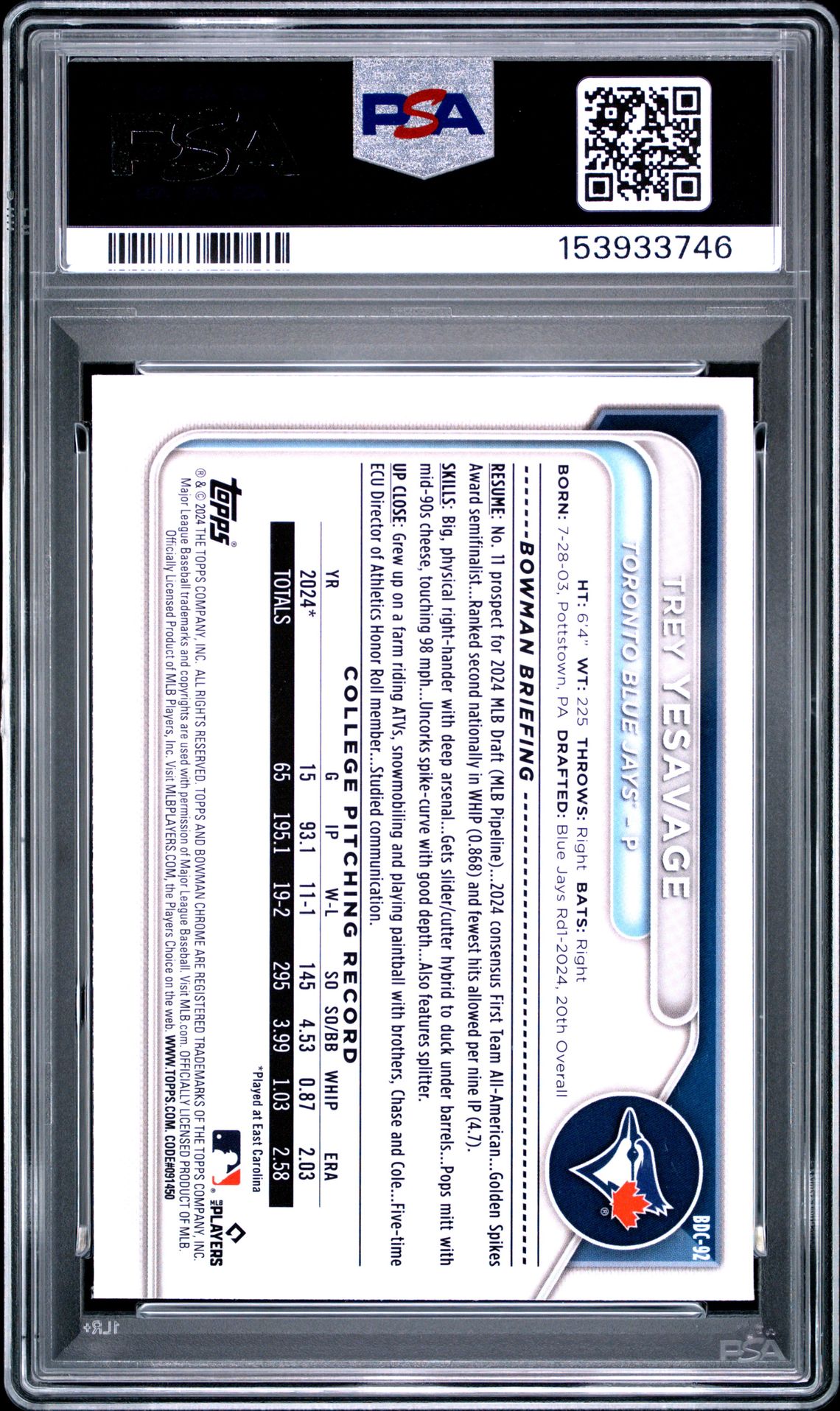 2024 Bowman Draft Sapphire Edition Trey Yesavage #Bdc92 Mint 9 back