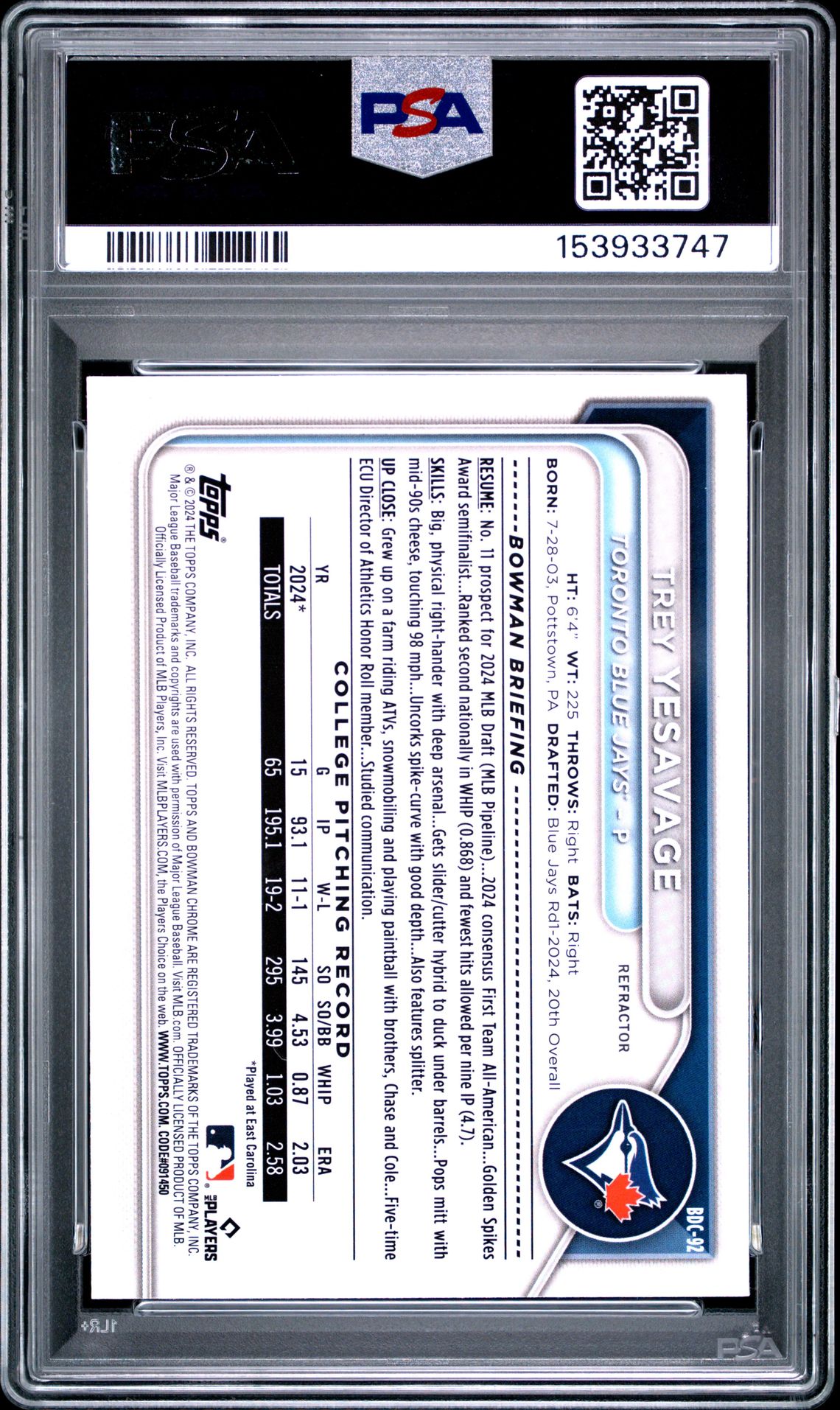 2024 Bowman Draft Trey Yesavage #Bdc92 (Chrome-Refractor) Mint 9 back