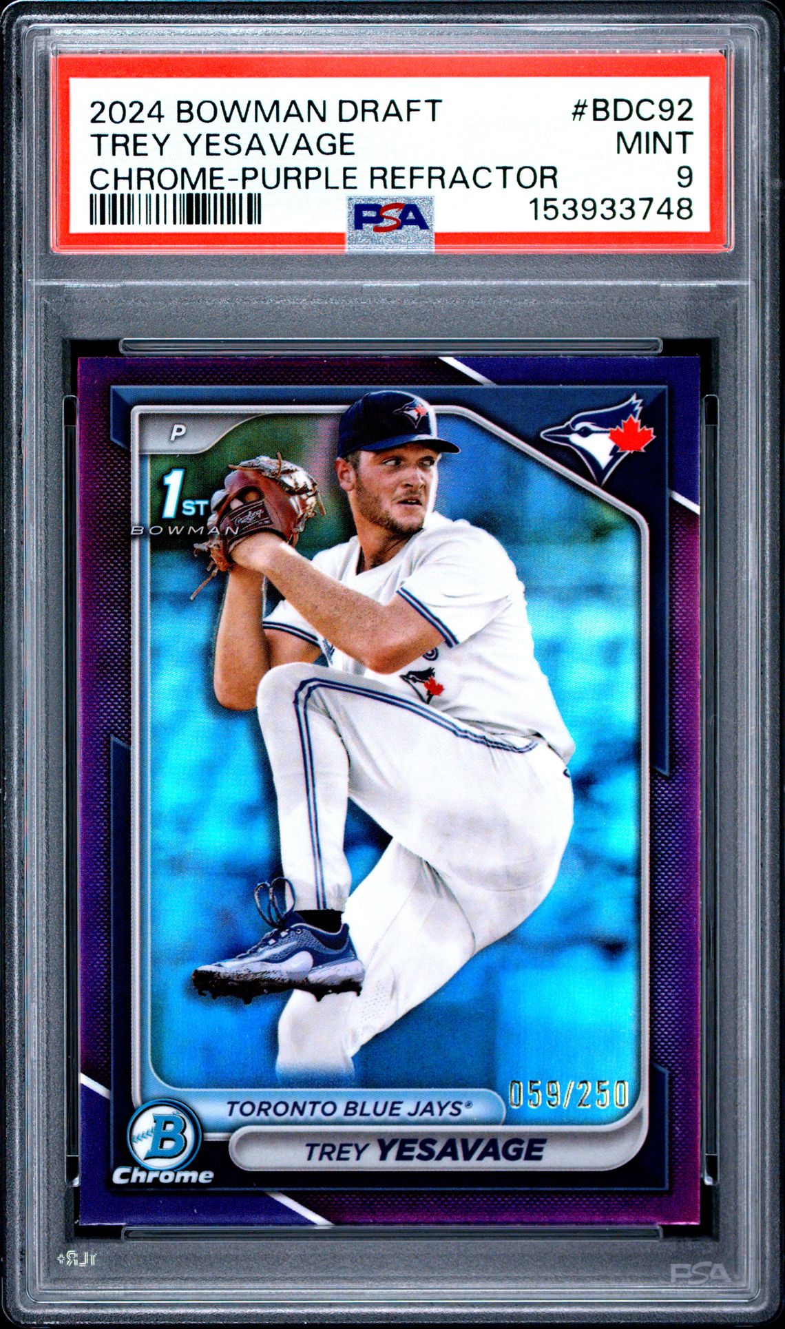2024 Bowman Draft Trey Yesavage #Bdc92 (Chrome-Purple Refractor) Mint 9 front