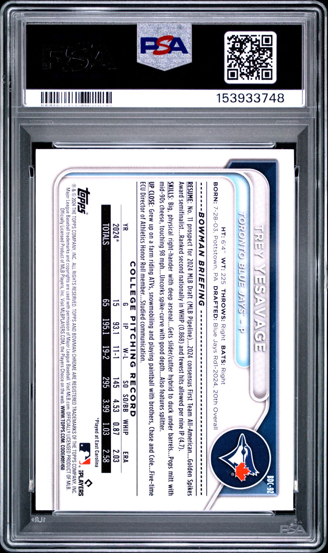 2024 Bowman Draft Trey Yesavage #Bdc92 (Chrome-Purple Refractor) Mint 9 back