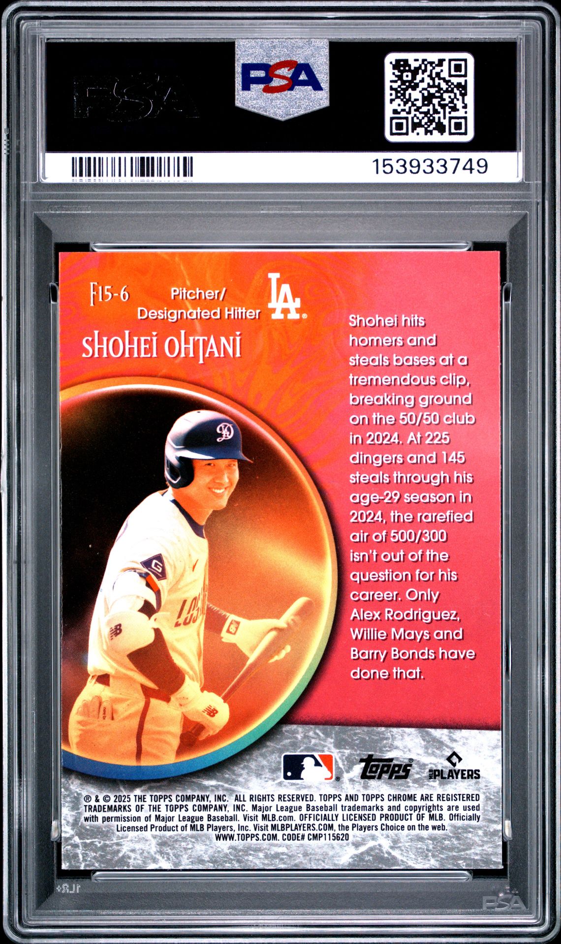 2025 Topps Chrome Update Fortune 15 Shohei Ohtani #6 Gem Mt 10 back view - PSA certificate #153933749