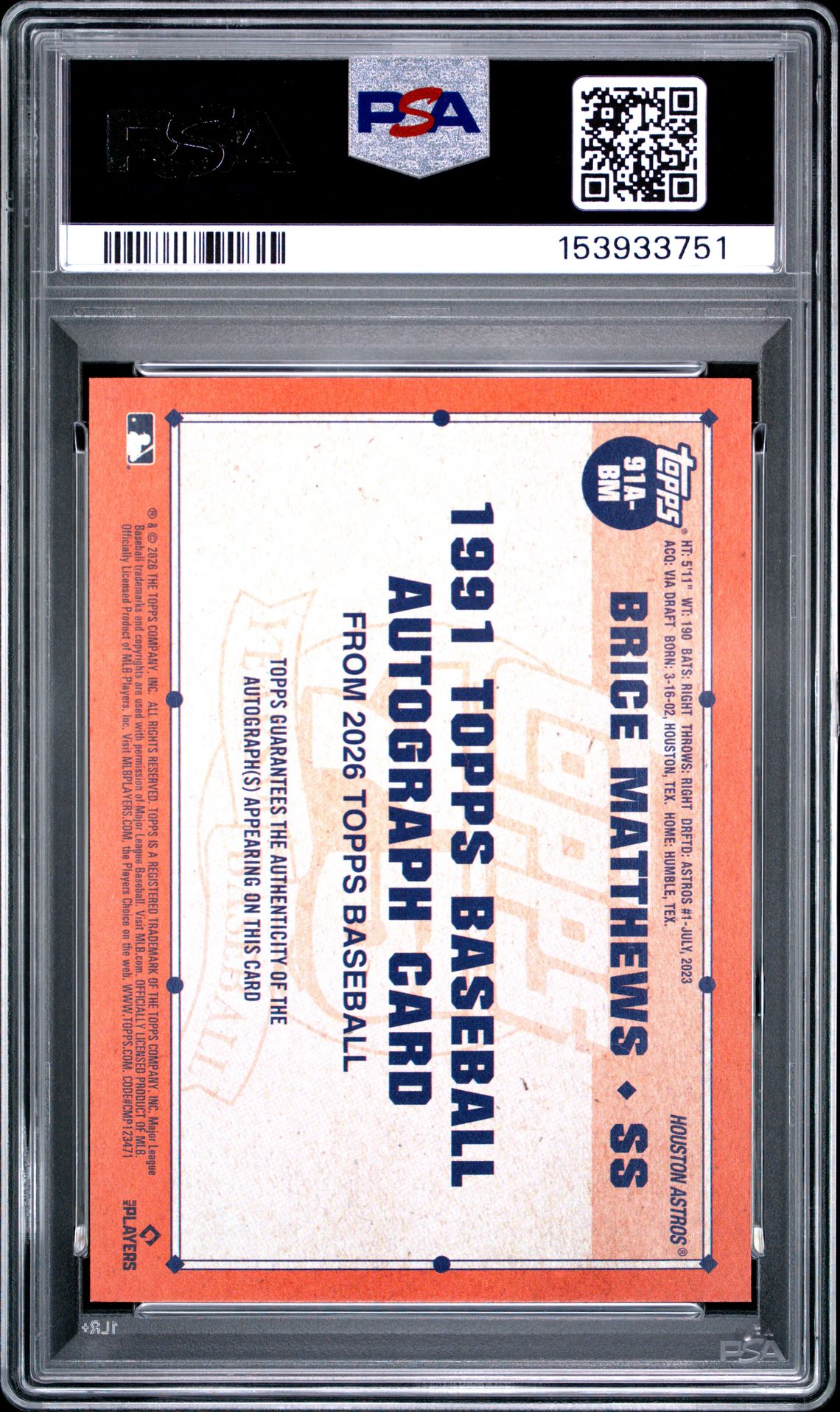 2026 Topps 1991 Topps Baseball Autographs Brice Matthews #Bm Gem Mt 10 back view - PSA certificate #153933751