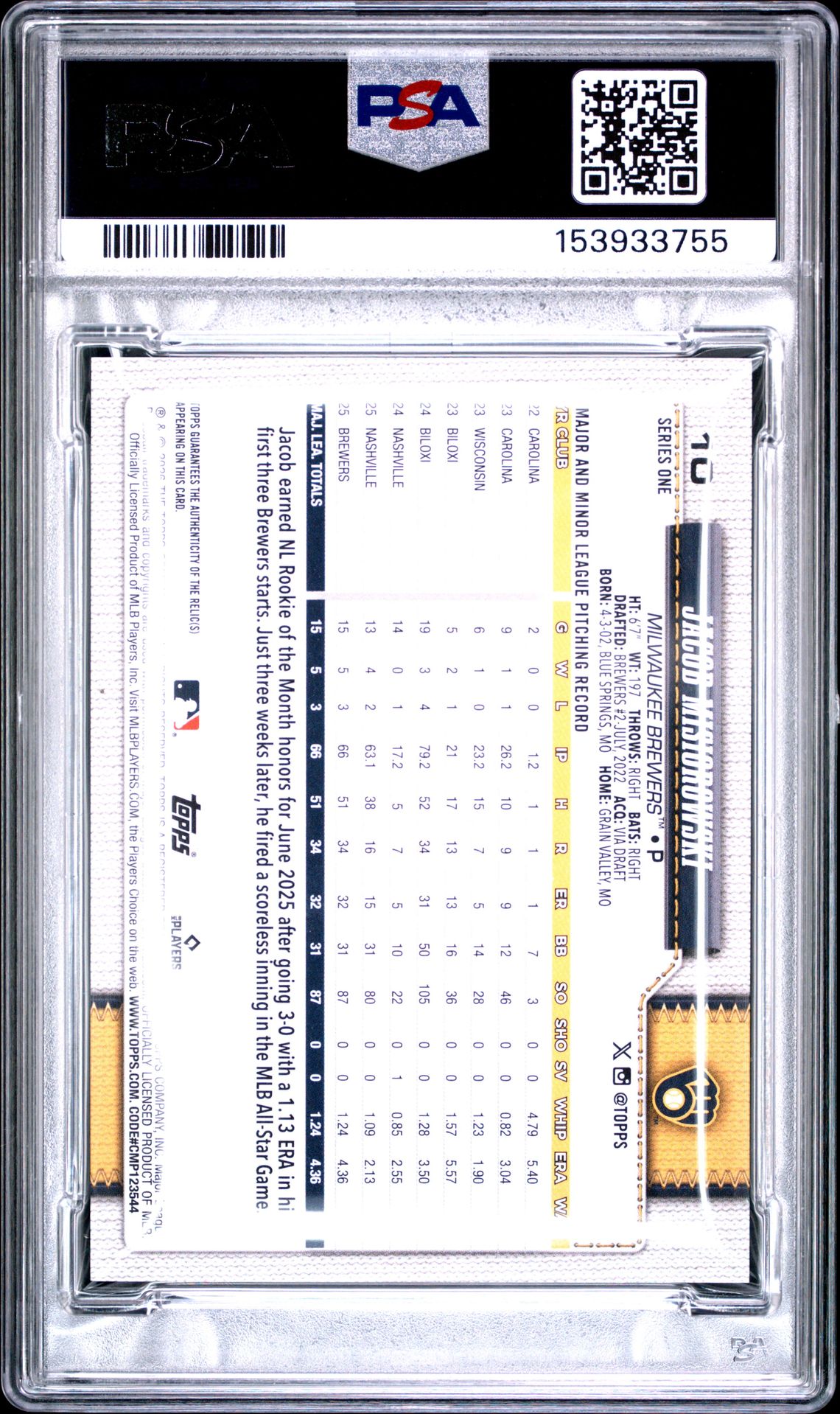 2026 Topps Jacob Misiorowski #10 (Relic) Mint 9 back
