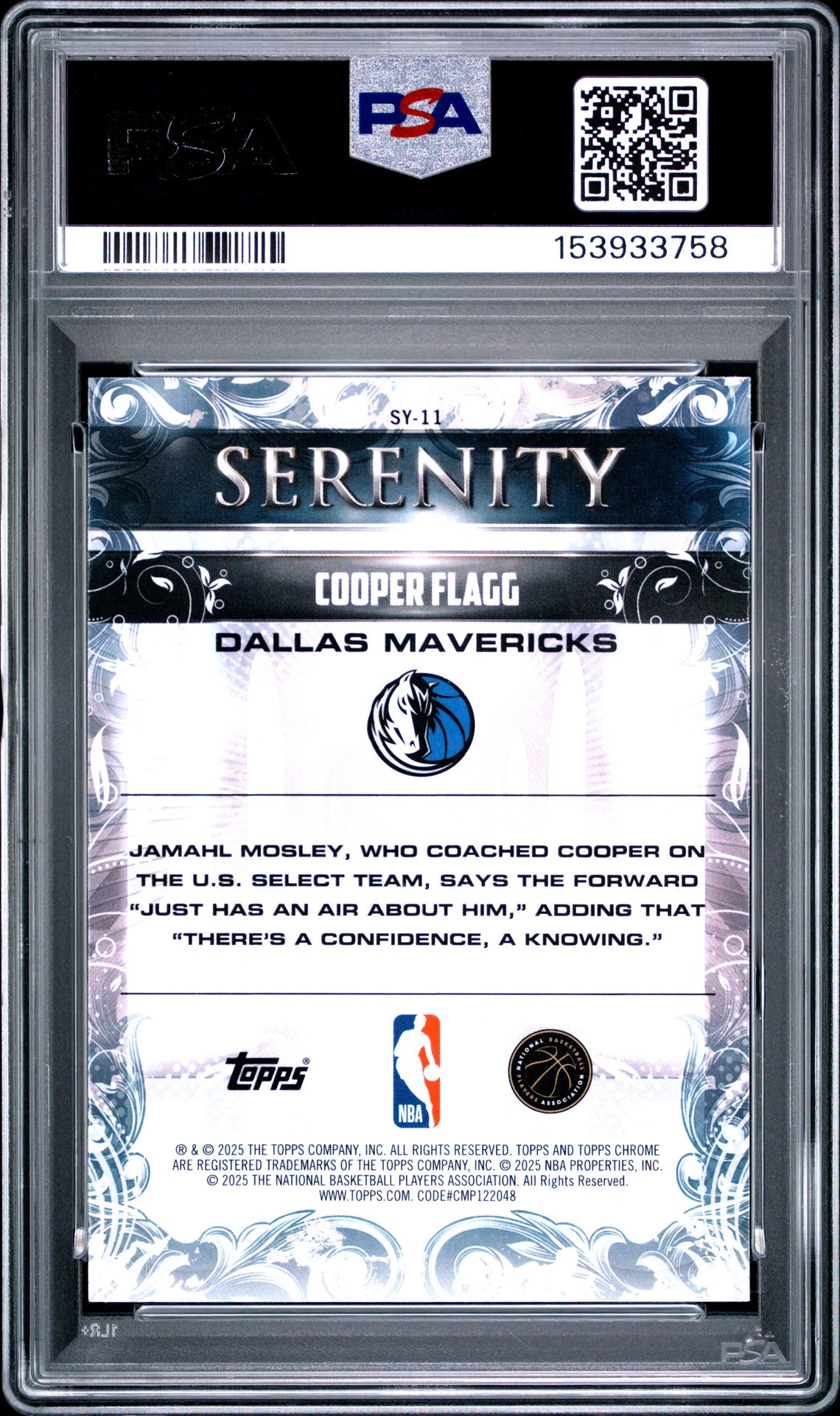 2025 Topps Chrome Serenity Cooper Flagg #Sy-11 Gem Mt 10 back view - PSA certificate #153933758