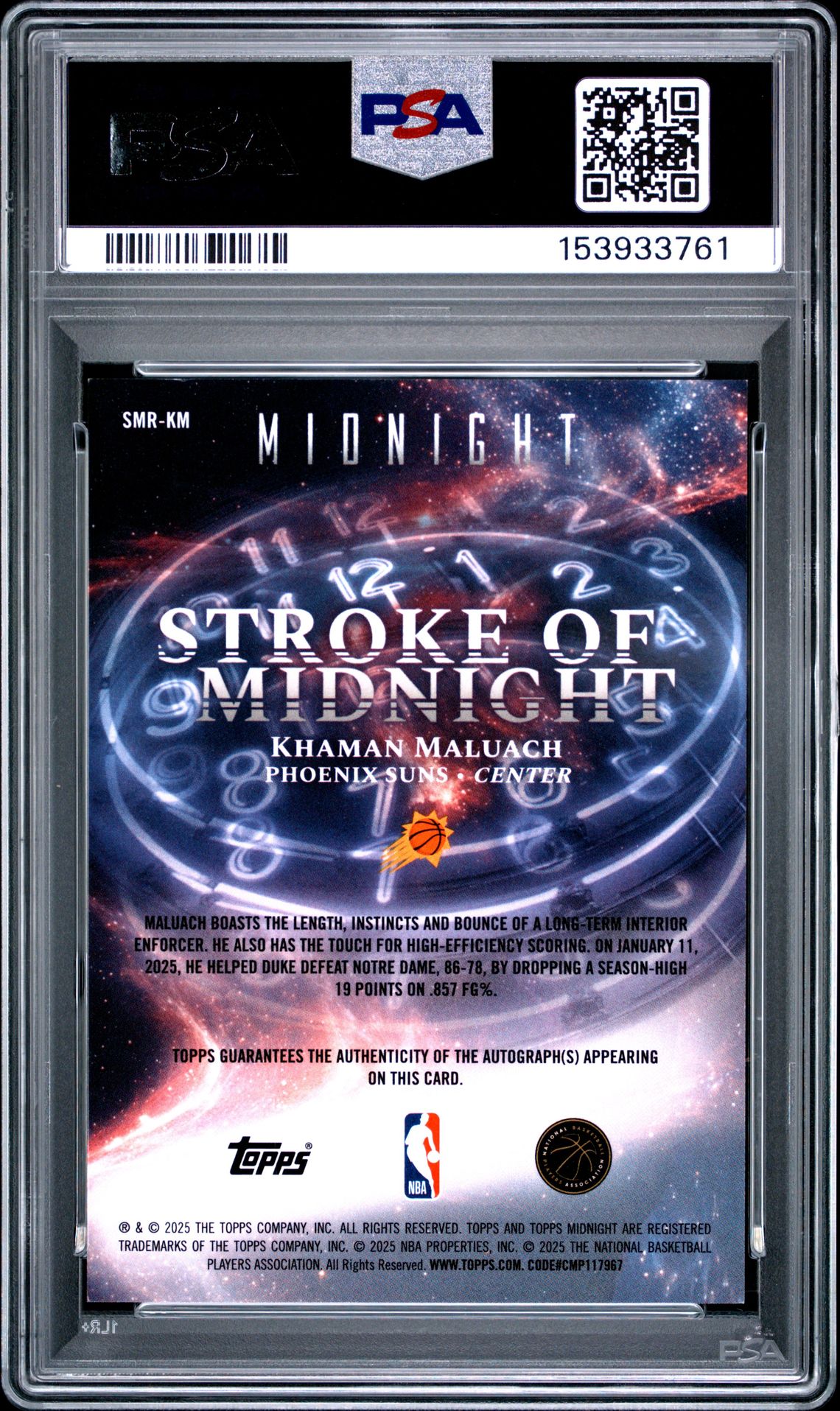 2025 Topps Midnight Stroke Of Midnight Autographs Rookies Khaman Maluach #Smr-Km (Strk/Mdnt Au Rk-Smr Slstc) Mint 9 back