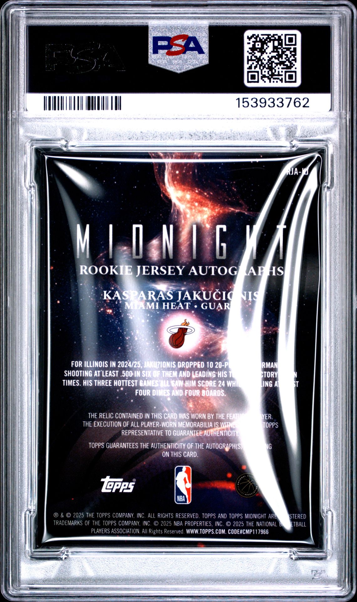 2025 Topps Midnight Rookie Jersey Autographs Kasparas Jakucionis #Rja-Kj (Rookie Jersey Auto-Twilight) Mint 9 back