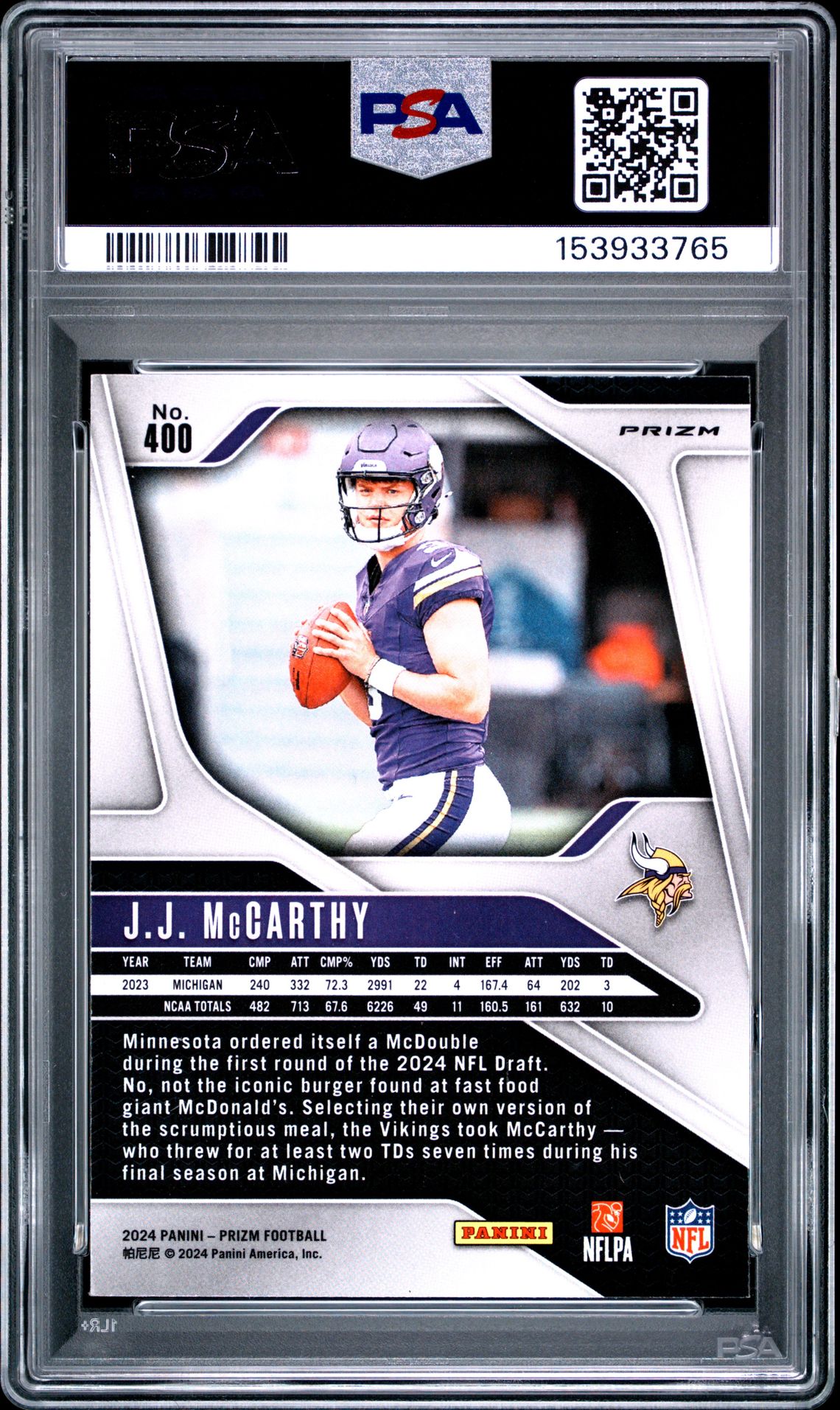 2024 Panini Prizm Jj Mccarthy #400 (Pink Wave) Mint 9 back