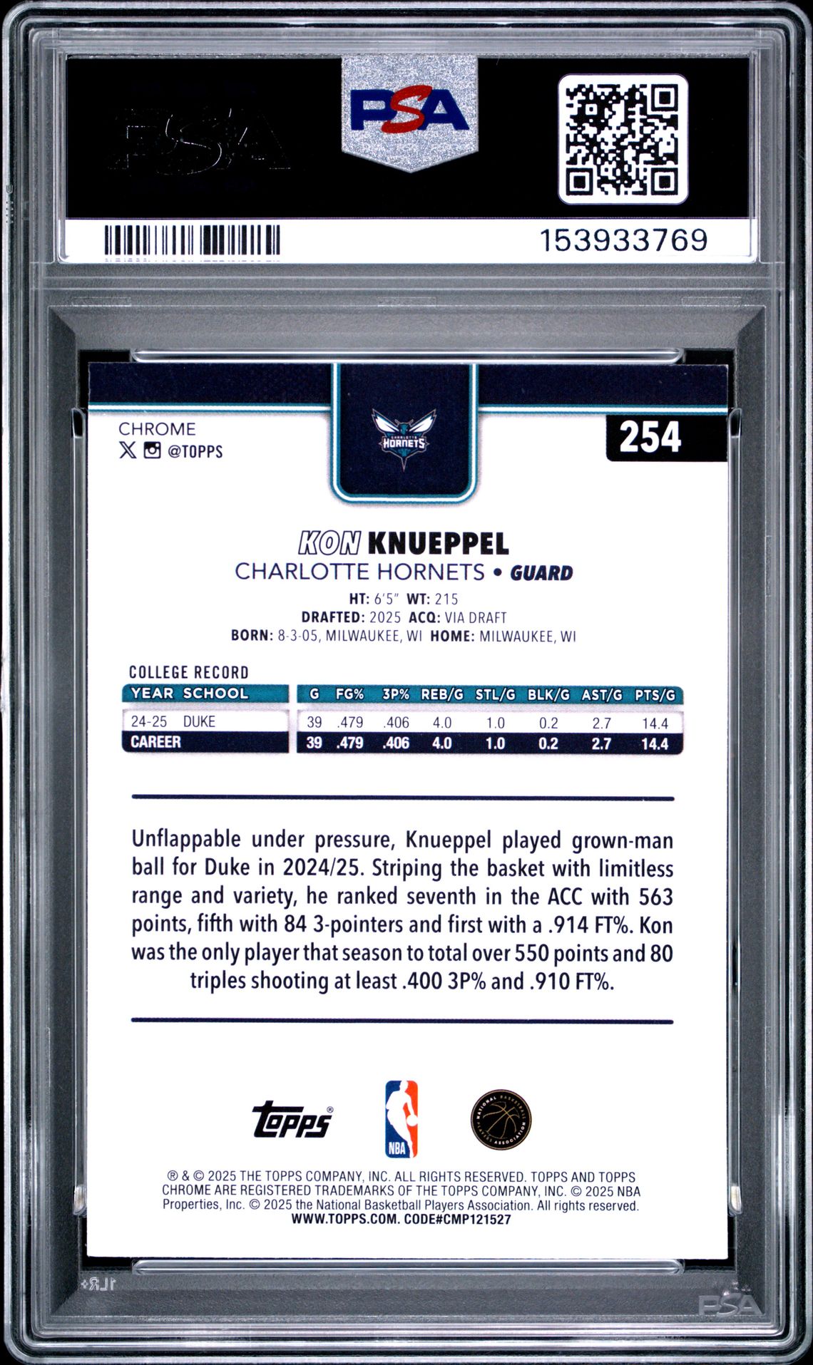 2025 Topps Chrome Kon Knueppel #254 (Yellow Refractor) Mint 9 back