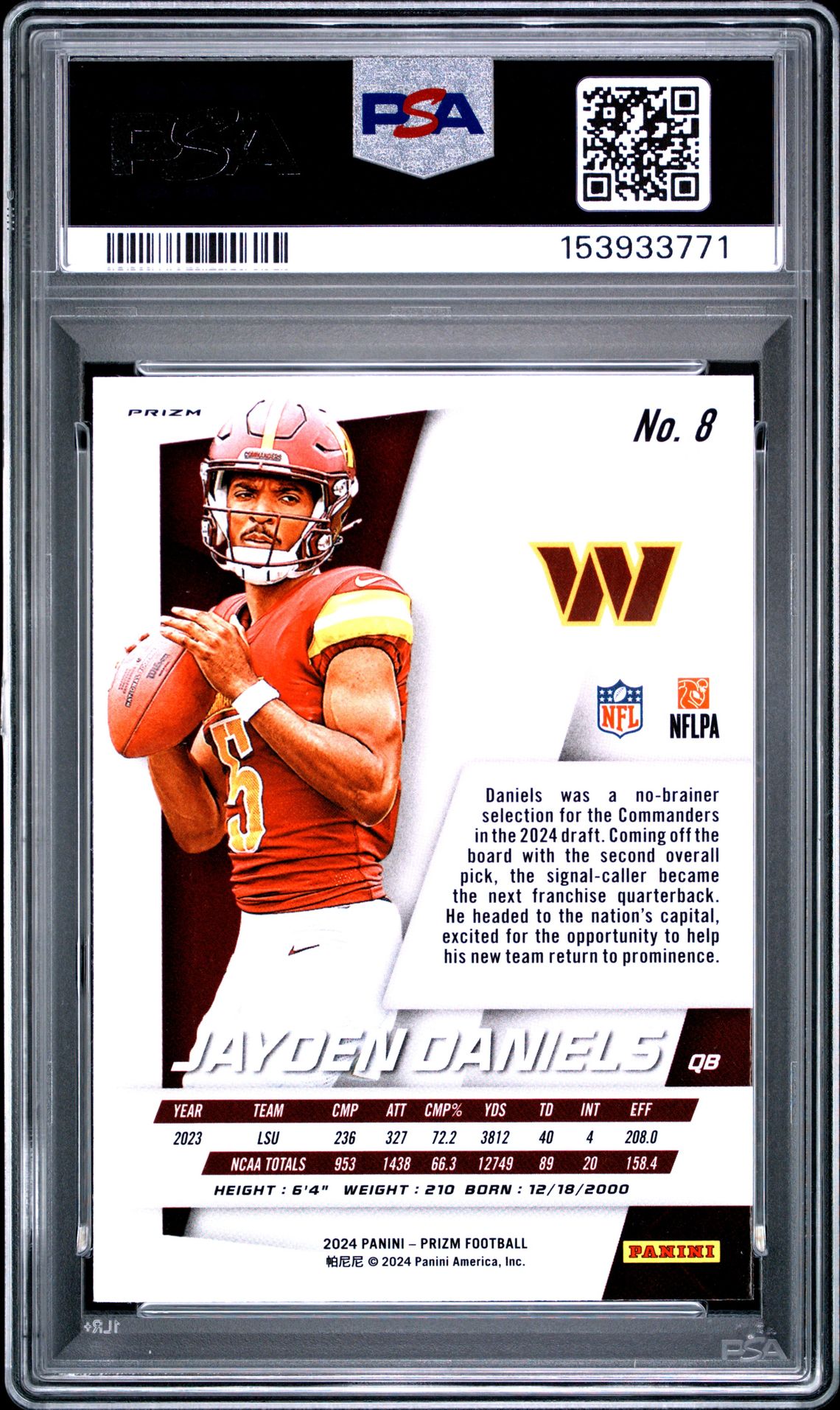 2024 Panini Prizm Prizm Flashback Rookie Jayden Daniels #8 (Flashback Rookie-No Huddle) Mint 9 back