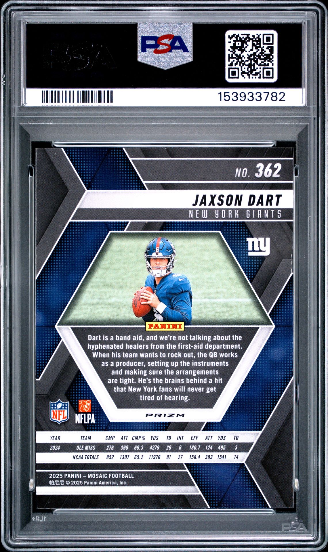 2025 Panini Mosaic Jaxson Dart #362 (Green) Gem Mt 10 back view - PSA certificate #153933782
