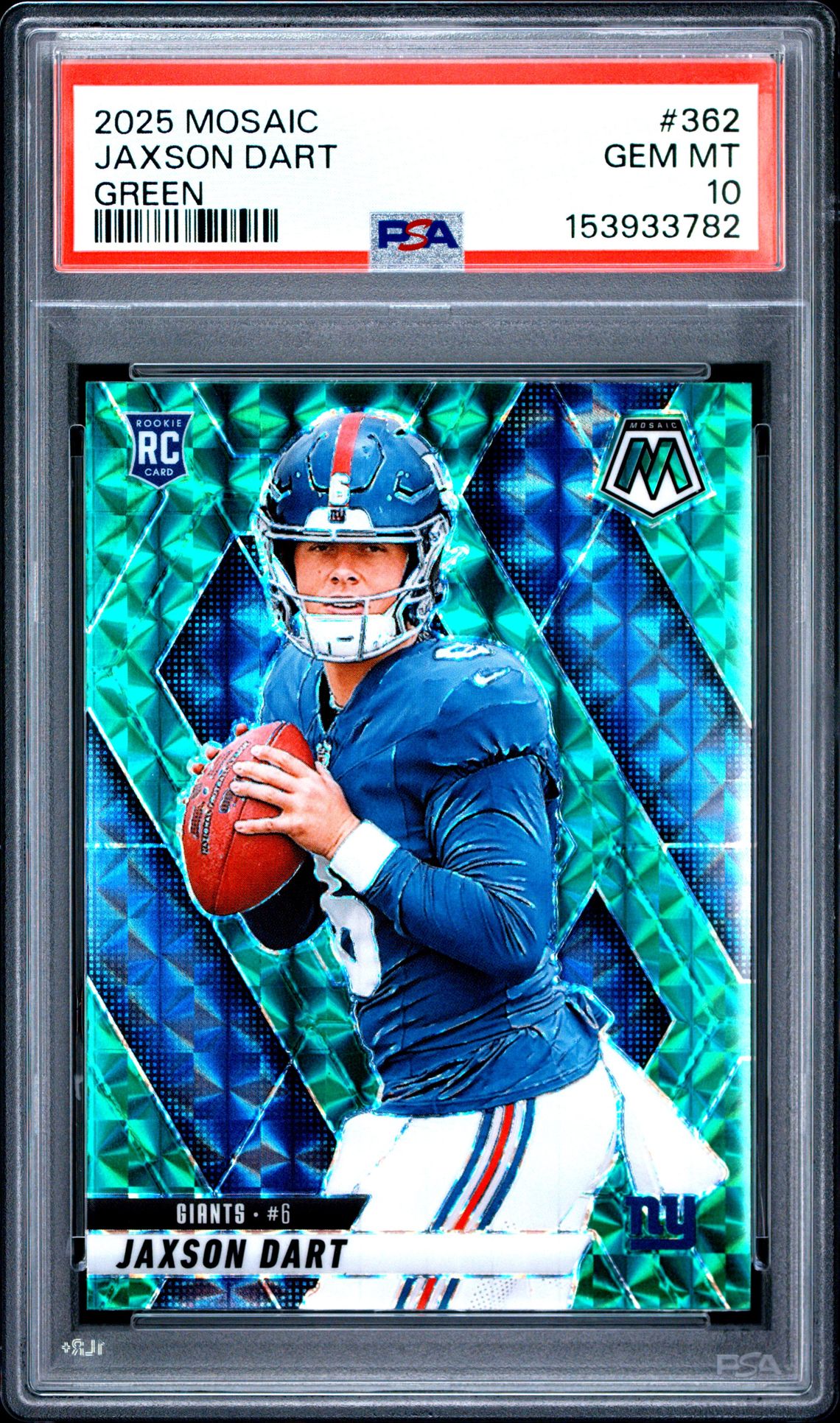 2025 Panini Mosaic Jaxson Dart #362 (Green) Gem Mt 10 front view - PSA graded GEM MT 10