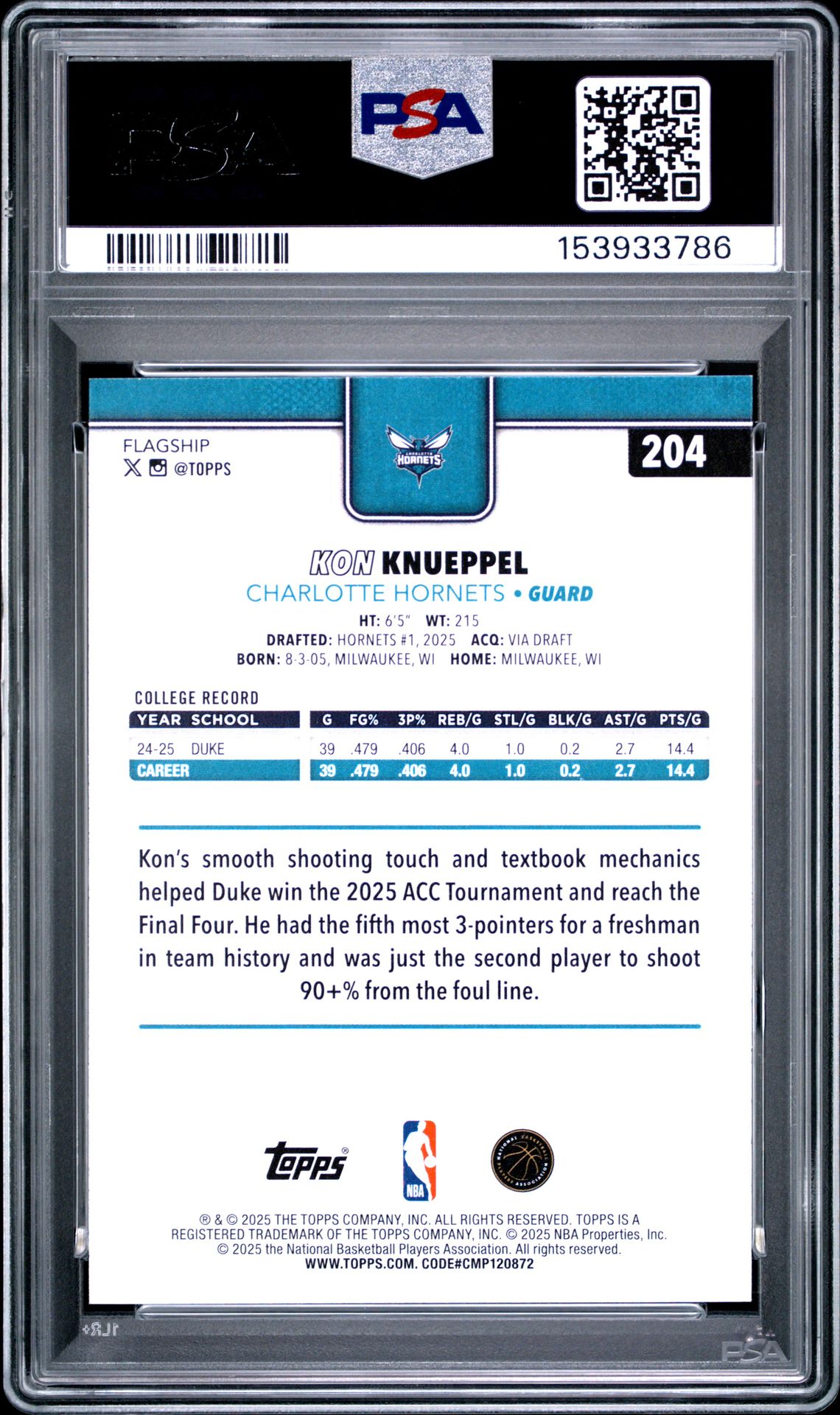 2025 Topps Kon Knueppel #204 Gem Mt 10 back view - PSA certificate #153933786