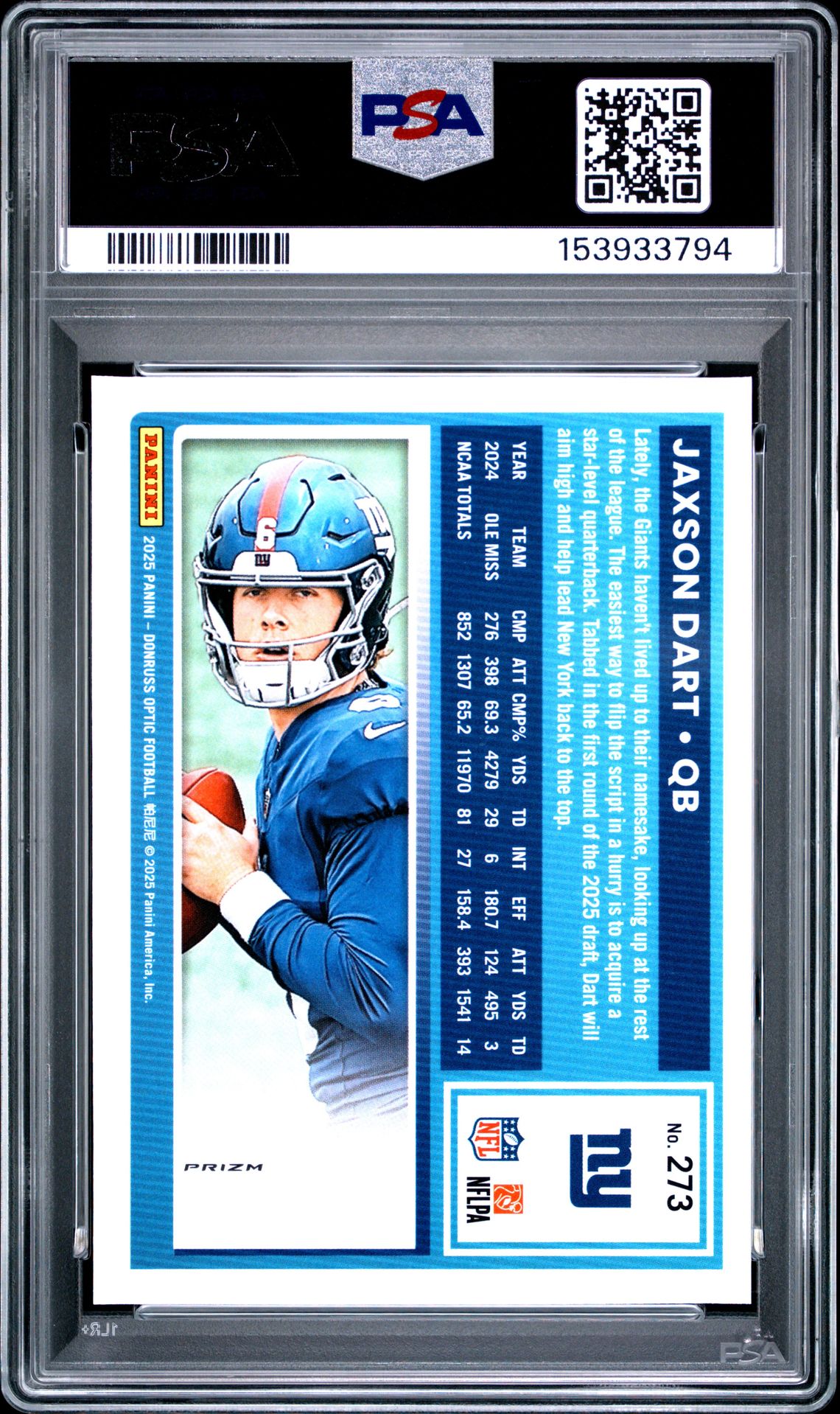 2025 Panini Donruss Optic Jaxson Dart #273 (Purple Shock) Gem Mt 10 back view - PSA certificate #153933794