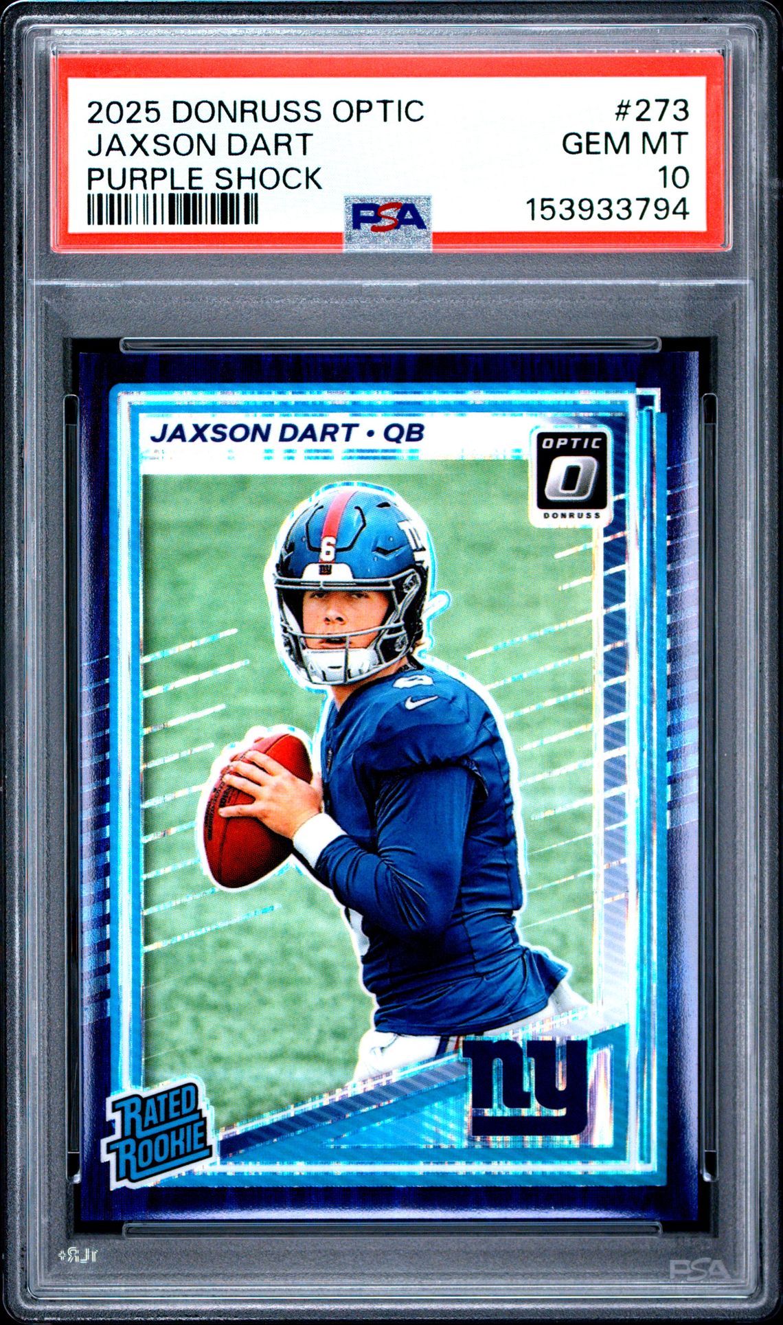 2025 Panini Donruss Optic Jaxson Dart #273 (Purple Shock) Gem Mt 10 front view - PSA graded GEM MT 10