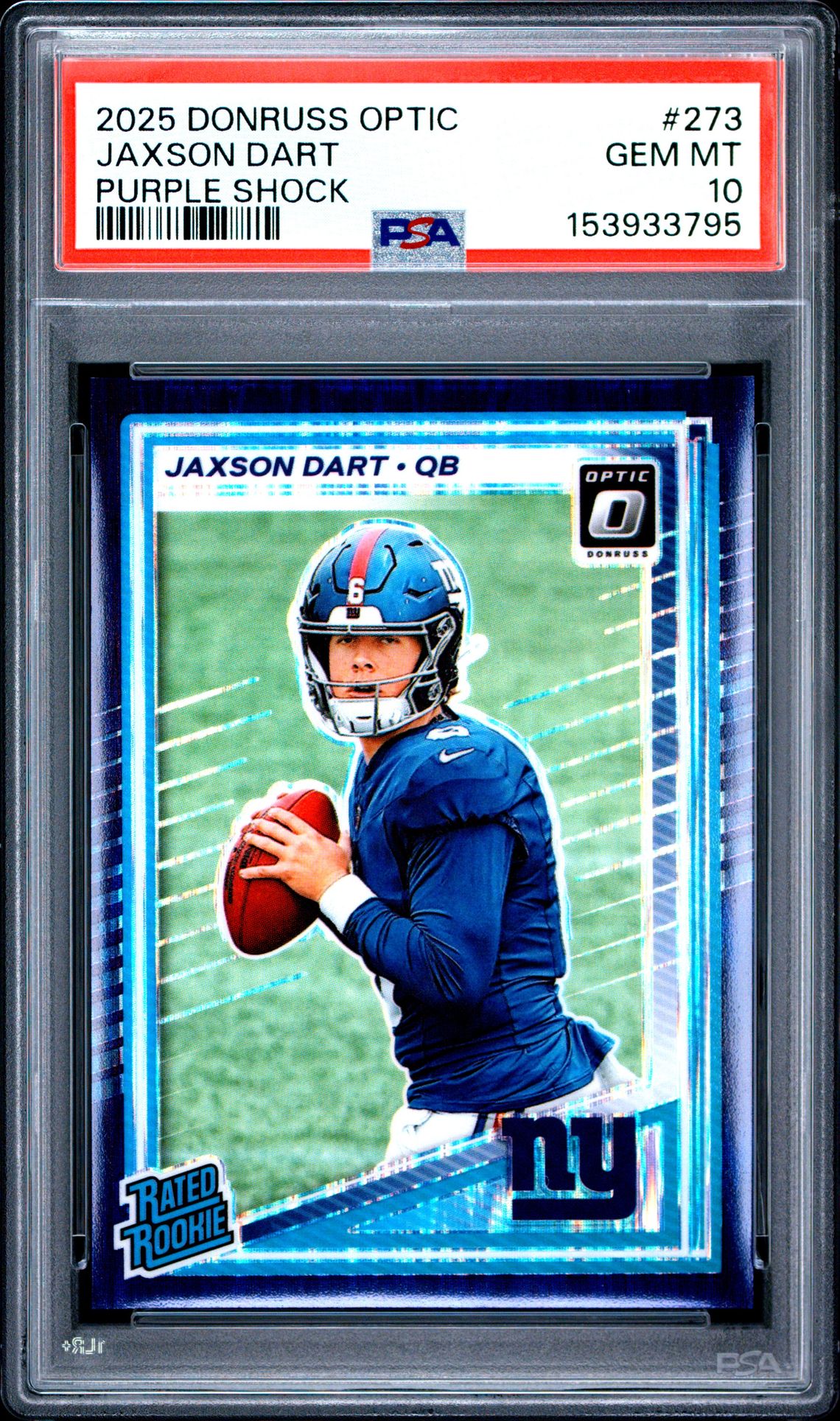 2025 Panini Donruss Optic Jaxson Dart #273 (Purple Shock) Gem Mt 10 front view - PSA graded GEM MT 10