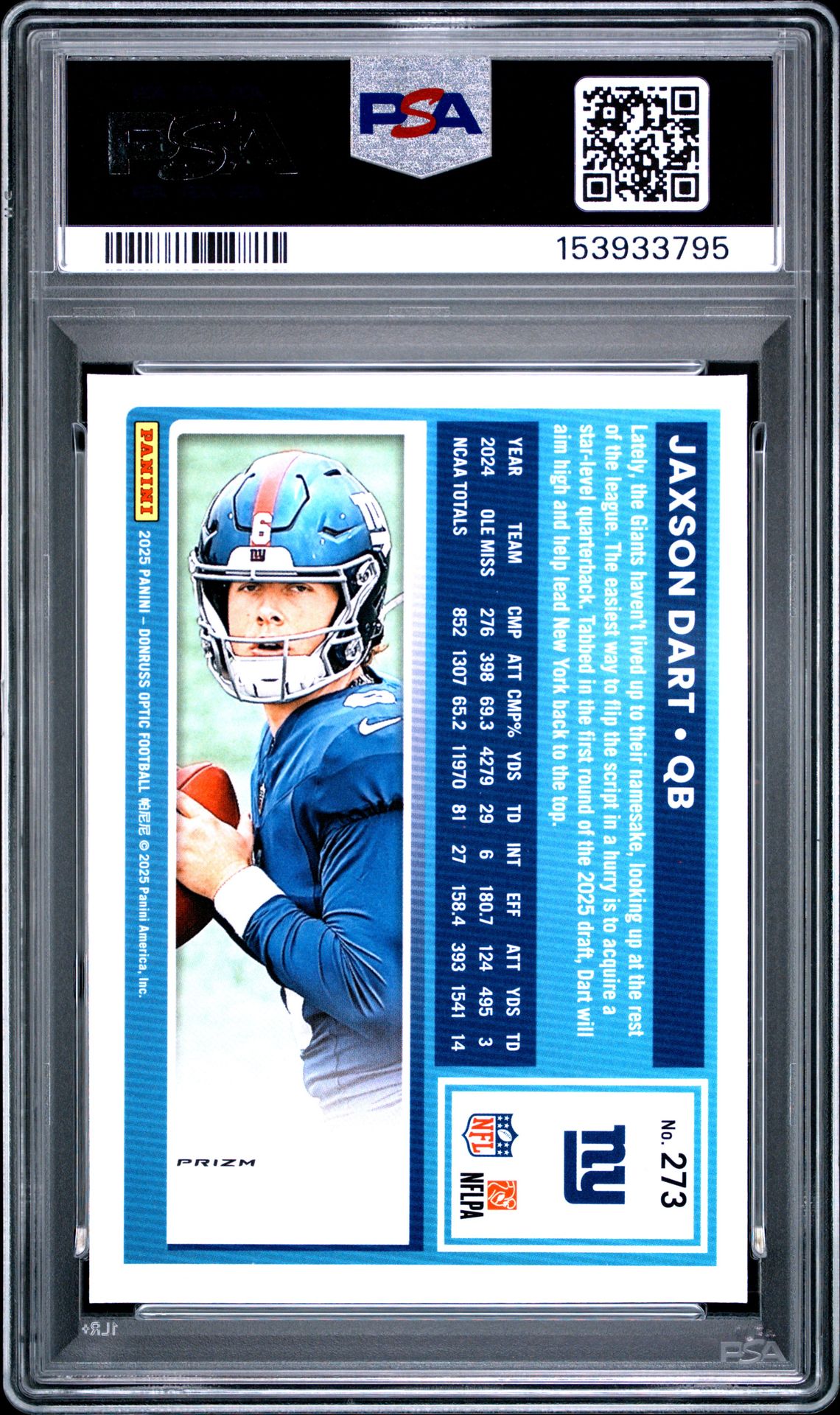 2025 Panini Donruss Optic Jaxson Dart #273 (Purple Shock) Gem Mt 10 back view - PSA certificate #153933795