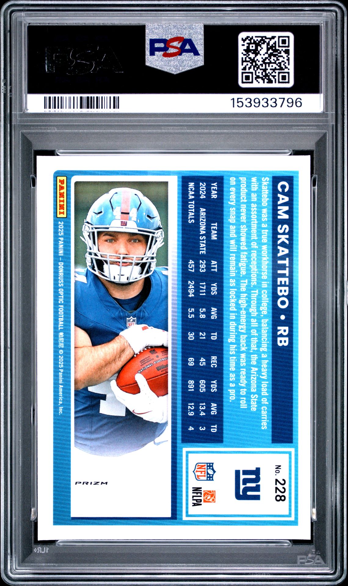 2025 Panini Donruss Optic Cam Skattebo #228 (Purple Shock) Mint 9 back