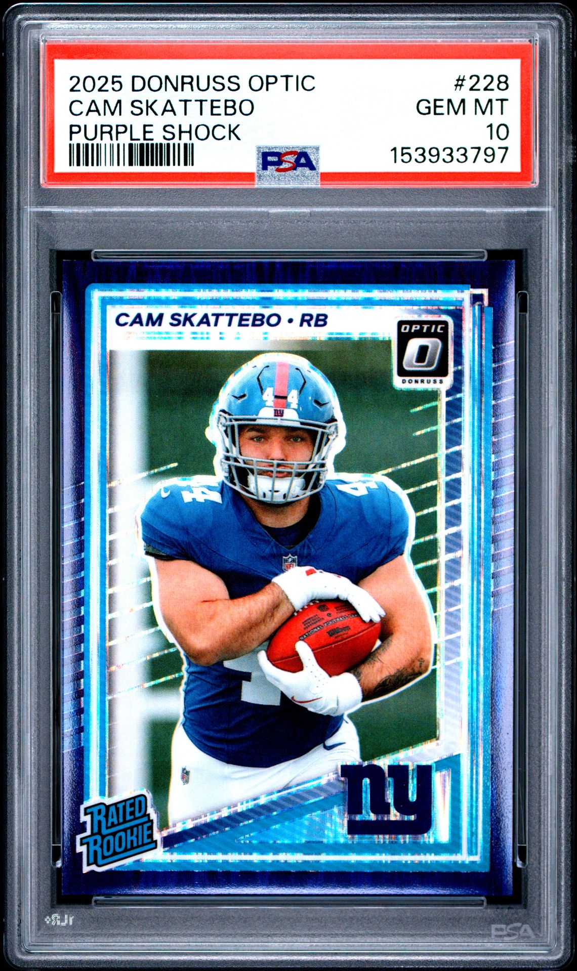 2025 Panini Donruss Optic Cam Skattebo #228 (Purple Shock) Gem Mt 10 front view - PSA graded GEM MT 10