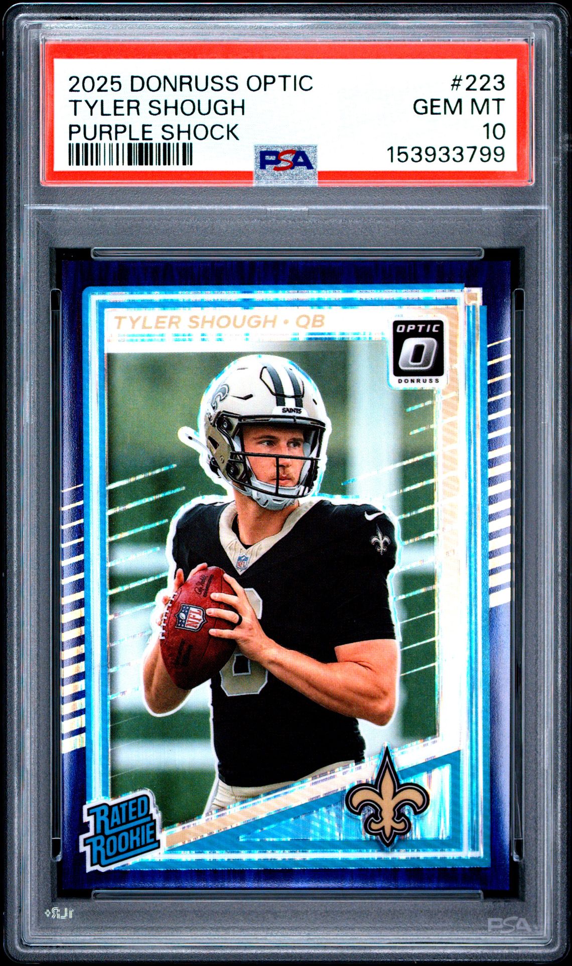 2025 Panini Donruss Optic Tyler Shough #223 (Purple Shock) Gem Mt 10 front view - PSA graded GEM MT 10