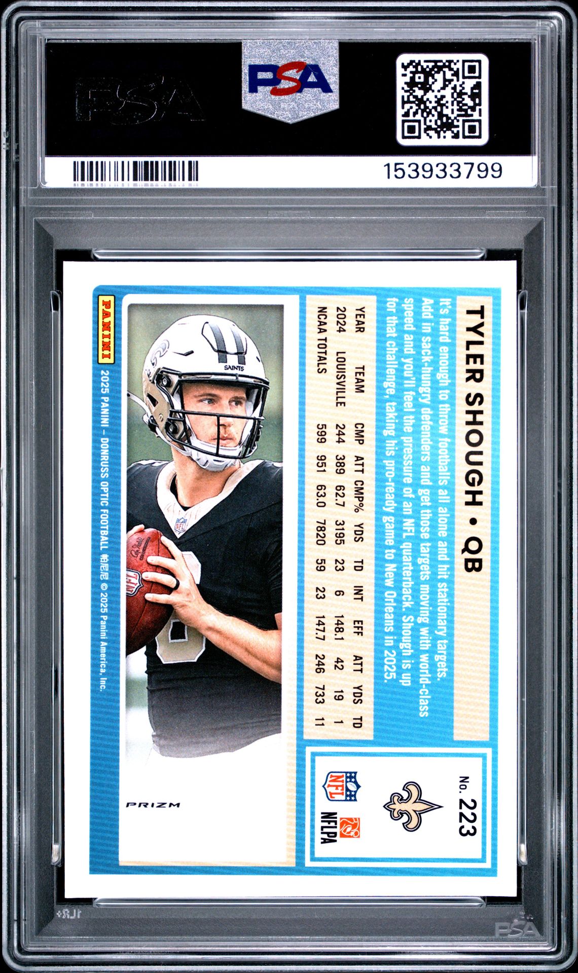 2025 Panini Donruss Optic Tyler Shough #223 (Purple Shock) Gem Mt 10 back view - PSA certificate #153933799