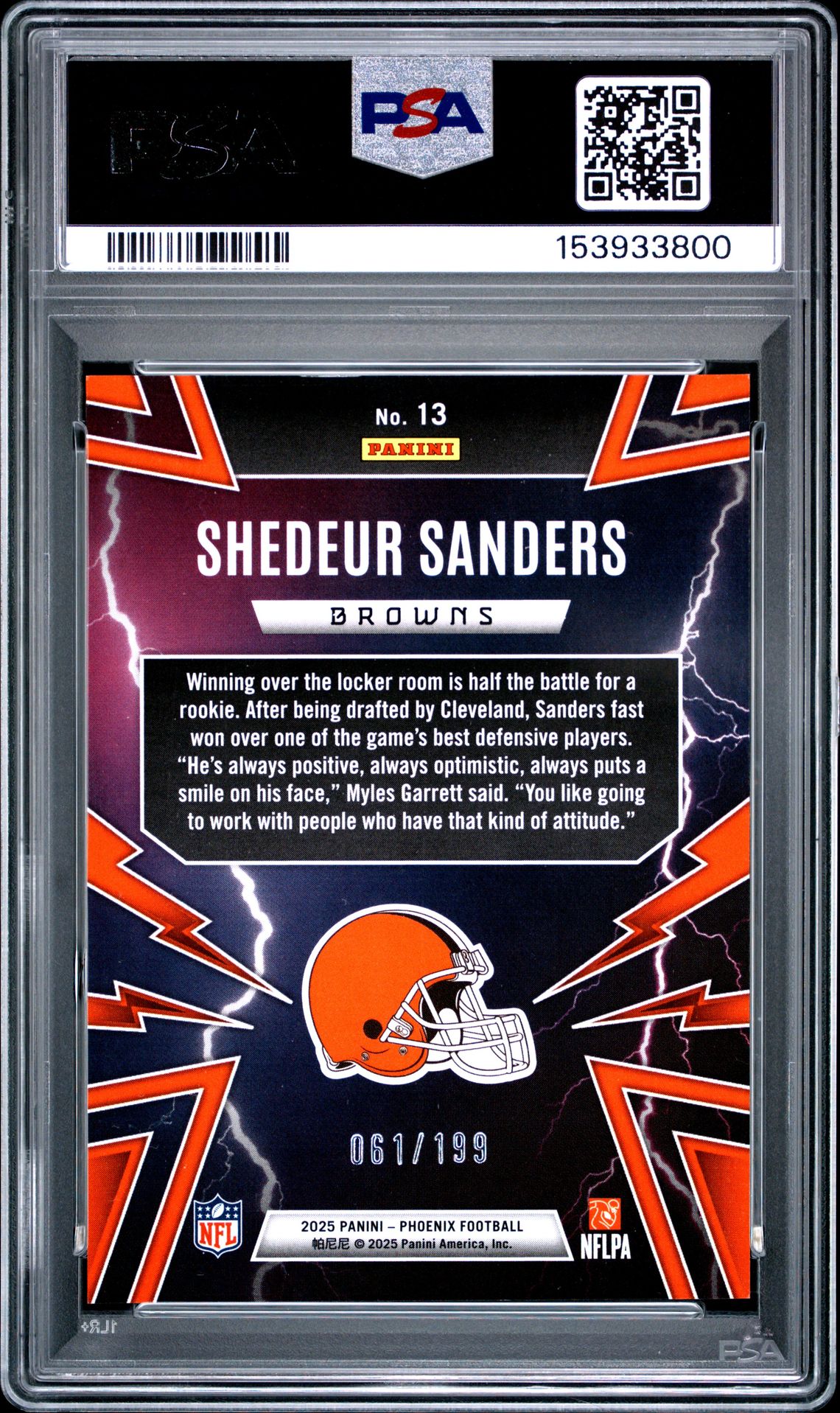 2025 Panini Phoenix Thunderbirds Shedeur Sanders #13 (Thunderbirds-Silver Winter) Gem Mt 10 back view - PSA certificate #153933800