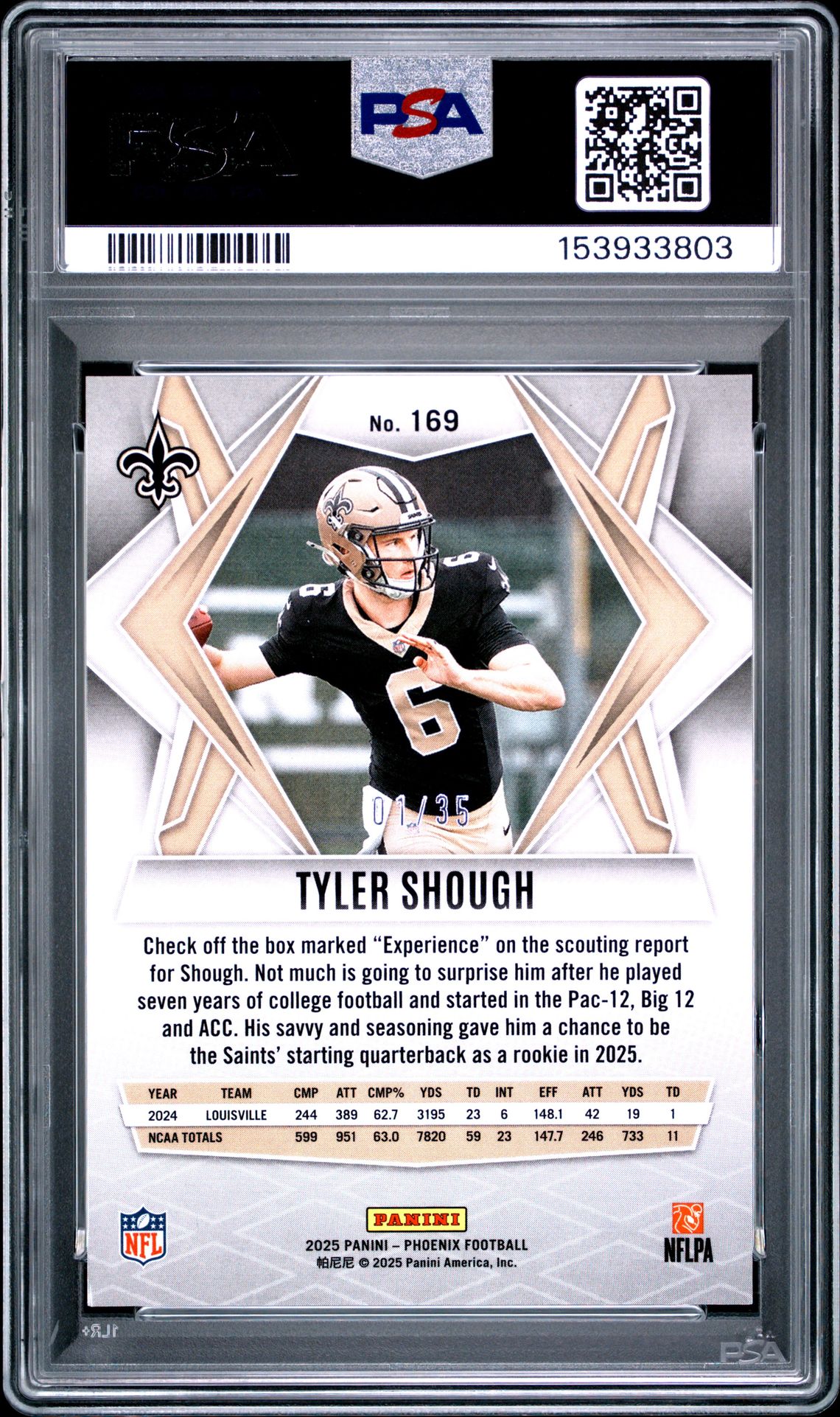 2025 Panini Phoenix Tyler Shough #169 (Yellow Mojo) Mint 9 back