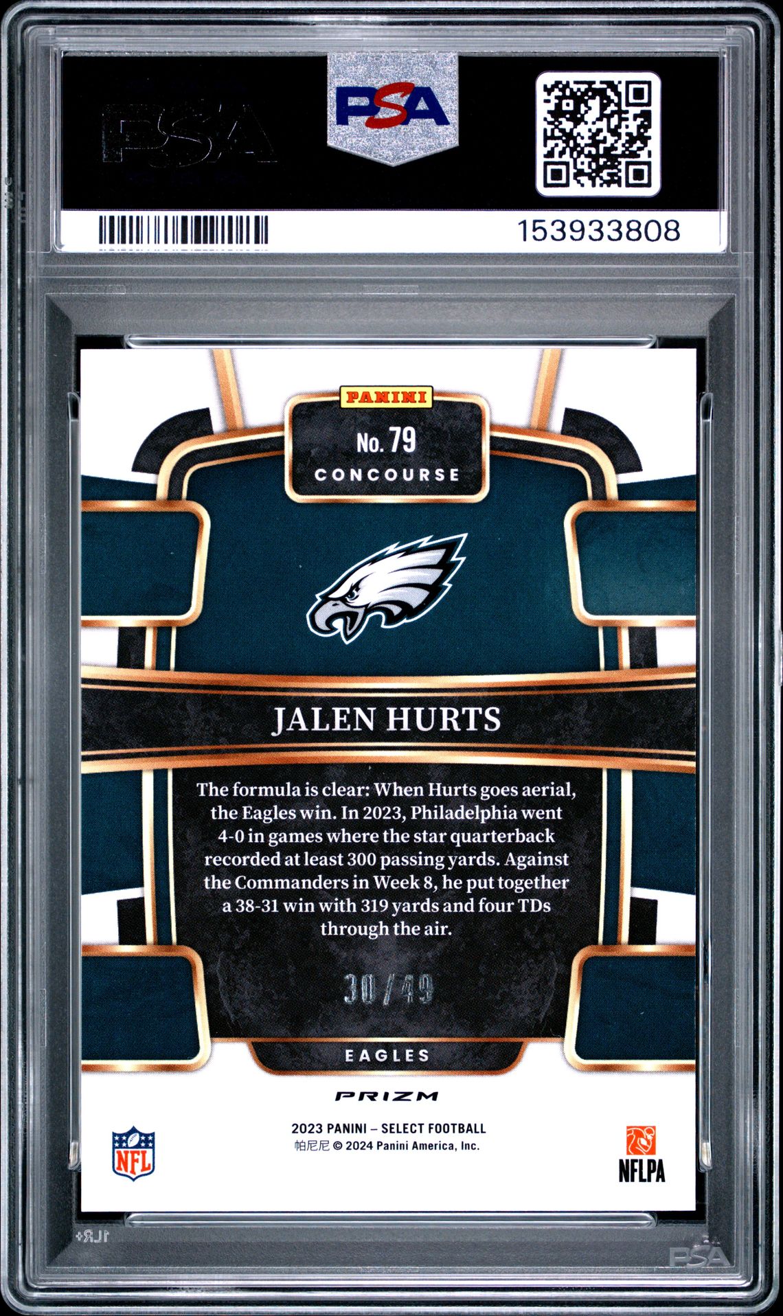 2023 PANINI SELECT JALEN HURTS RED DISCO PRIZM 79 GEM MT 10 back