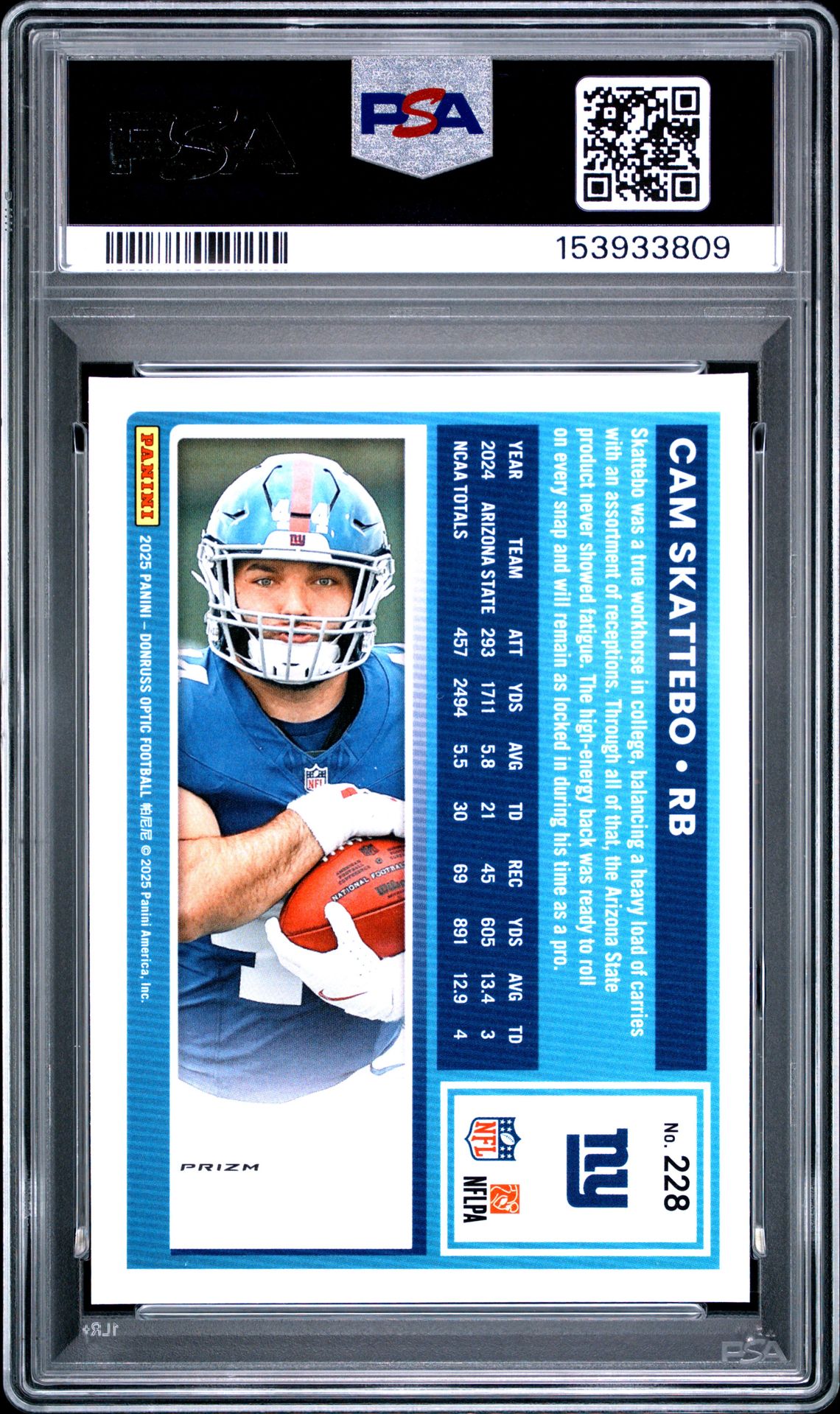 2025 Panini Donruss Optic Cam Skattebo #228 (Blue Glitter) Gem Mt 10 back view - PSA certificate #153933809