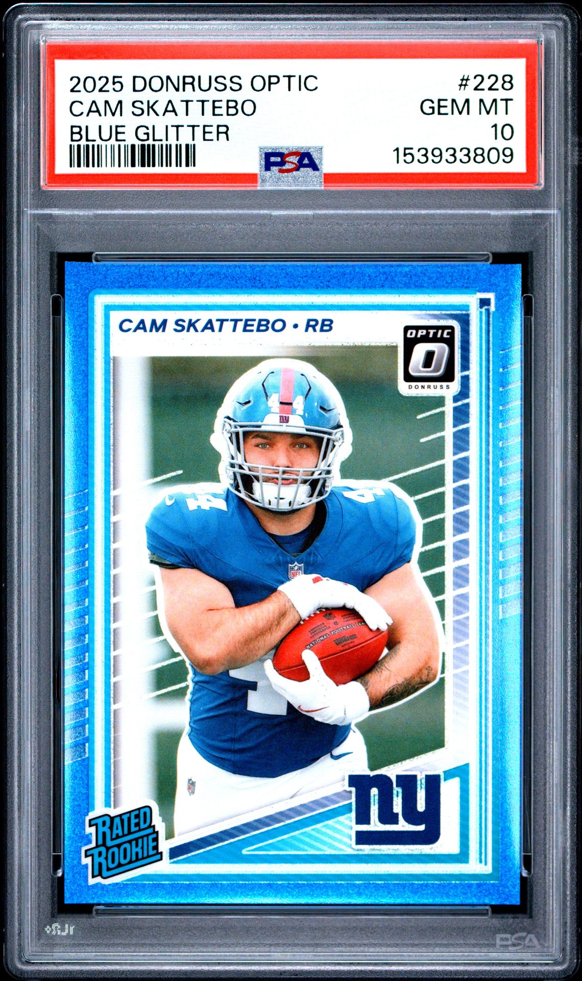 2025 Panini Donruss Optic Cam Skattebo #228 (Blue Glitter) Gem Mt 10 front view - PSA graded GEM MT 10