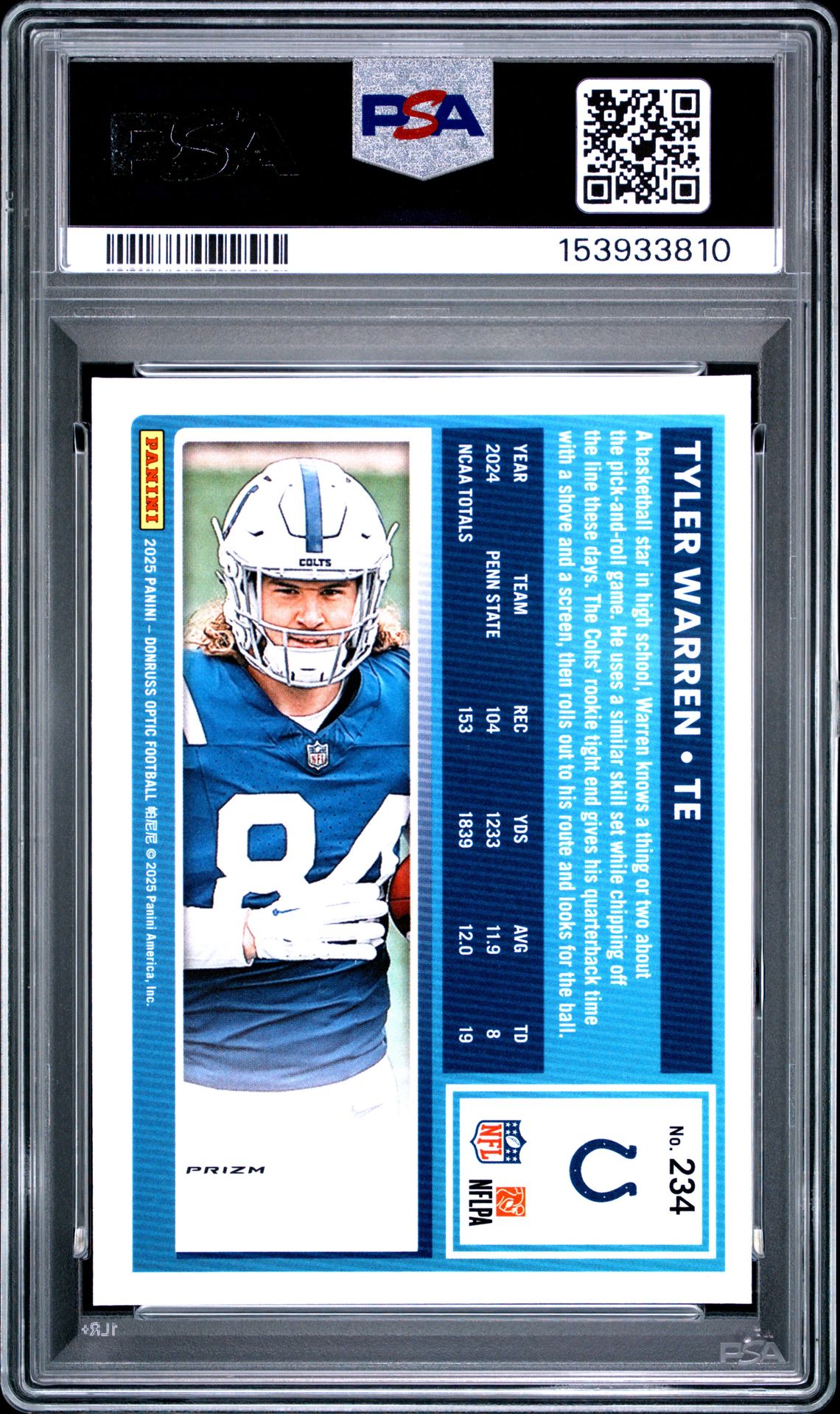 2025 PANINI DONRUSS OPTIC TYLER WARREN BLUE GLITTER 234 GEM MT 10 back