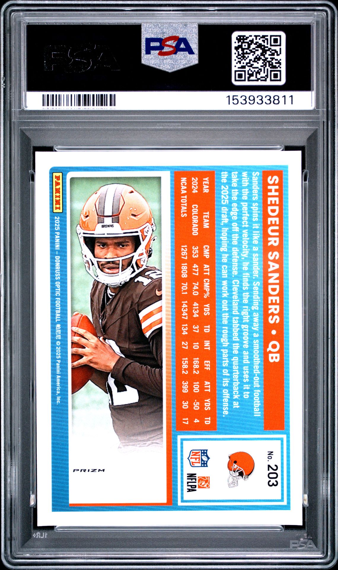 2025 Panini Donruss Optic Shedeur Sanders #203 (Fire) Gem Mt 10 back view - PSA certificate #153933811