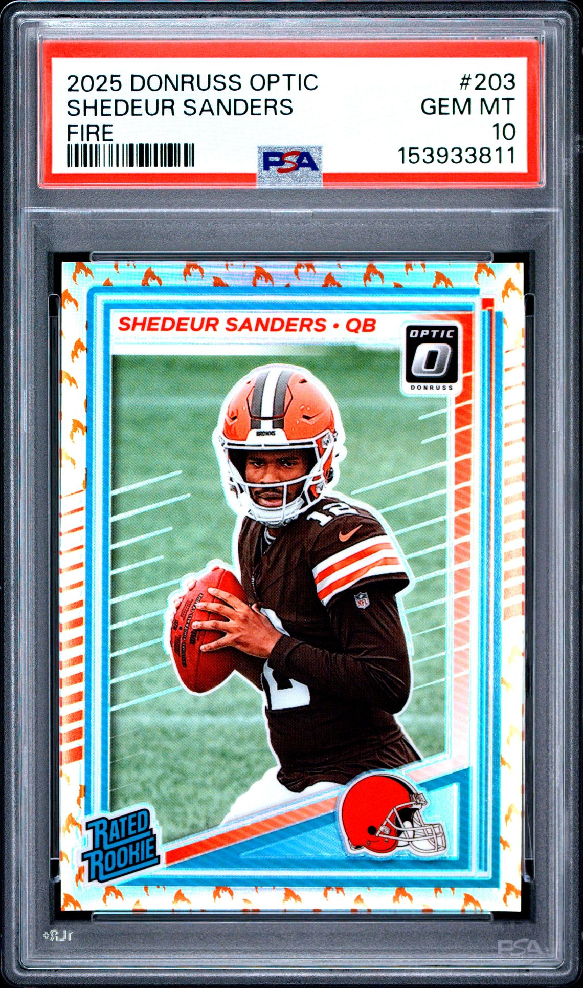 2025 Panini Donruss Optic Shedeur Sanders #203 (Fire) Gem Mt 10 front view - PSA graded GEM MT 10