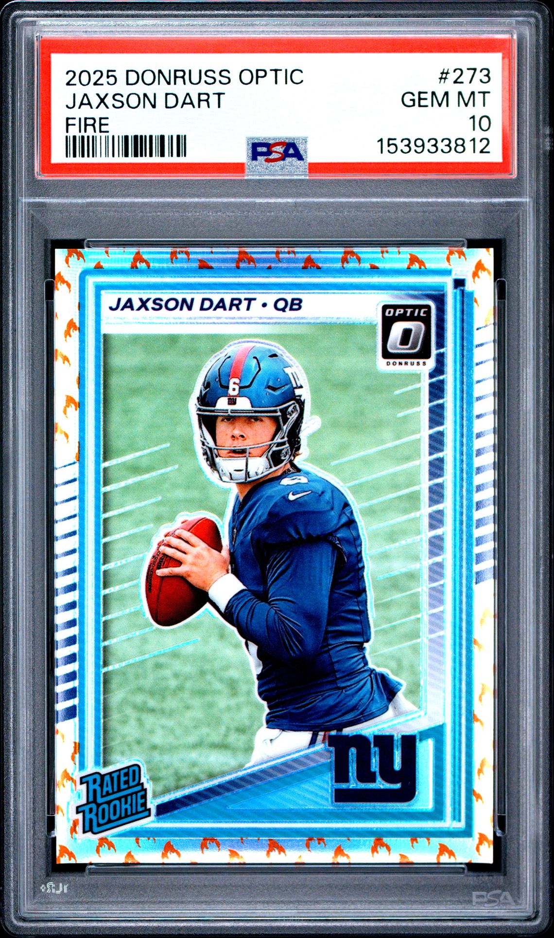 2025 Panini Donruss Optic Jaxson Dart #273 (Fire) Gem Mt 10 front view - PSA graded GEM MT 10