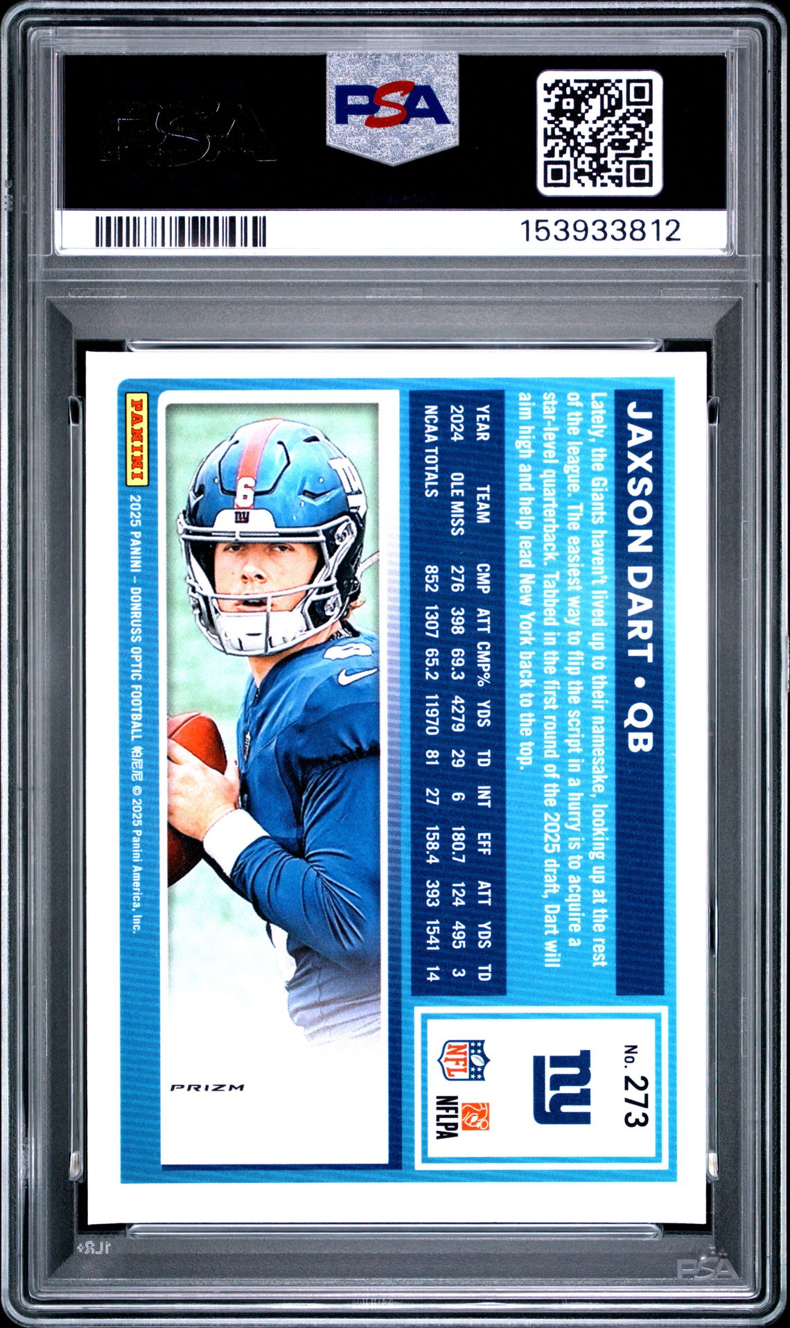 2025 Panini Donruss Optic Jaxson Dart #273 (Fire) Gem Mt 10 back view - PSA certificate #153933812