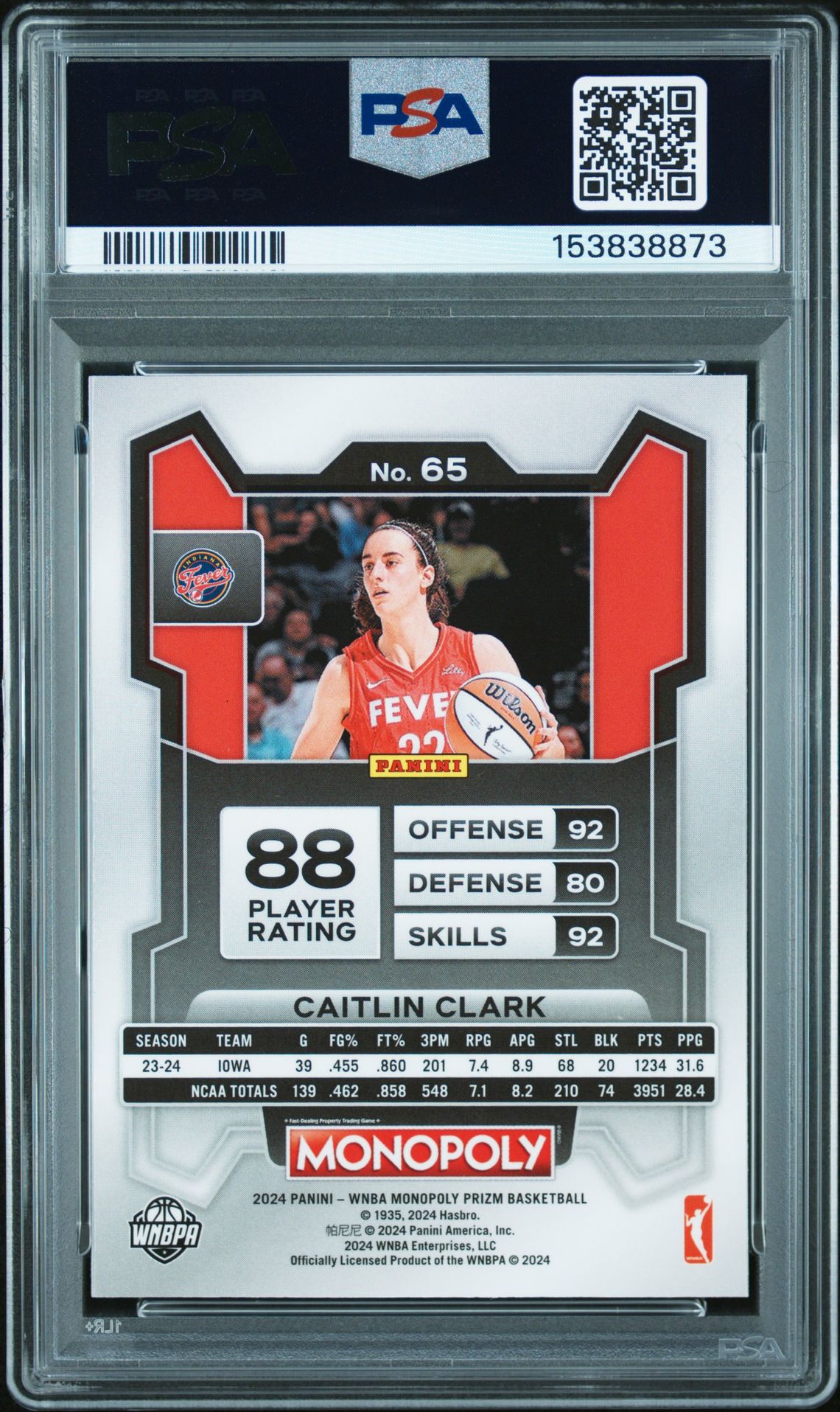 2024 Panini Prizm Monopoly Wnba Caitlin Clark #65 Gem Mt 10 back