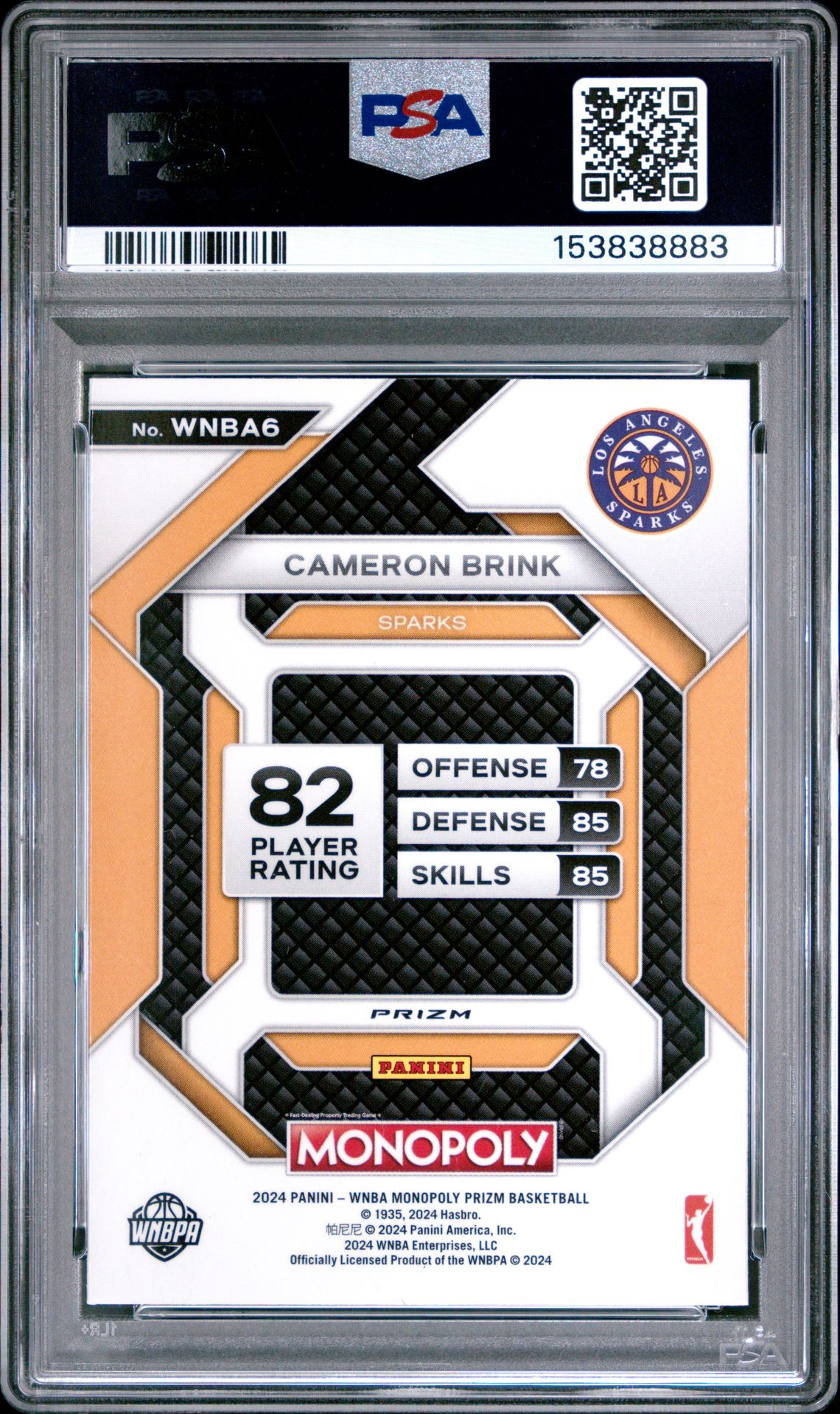 2024 Panini Prizm Monopoly Wnba Insert Cameron Brink #6 (Insert-Red Classic Icon) Gem Mt 10 back