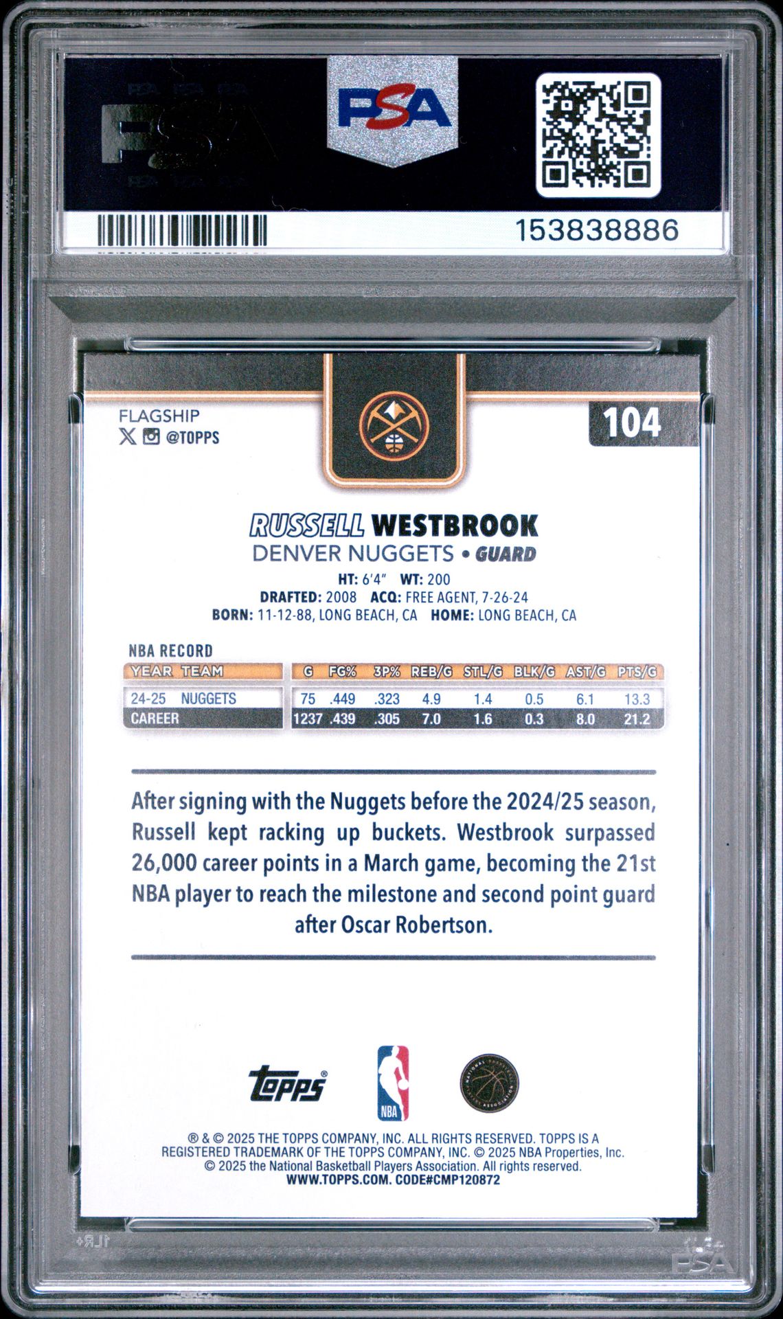 2025 Topps Russell Westbrook #104 (Gold) Mint 9 back