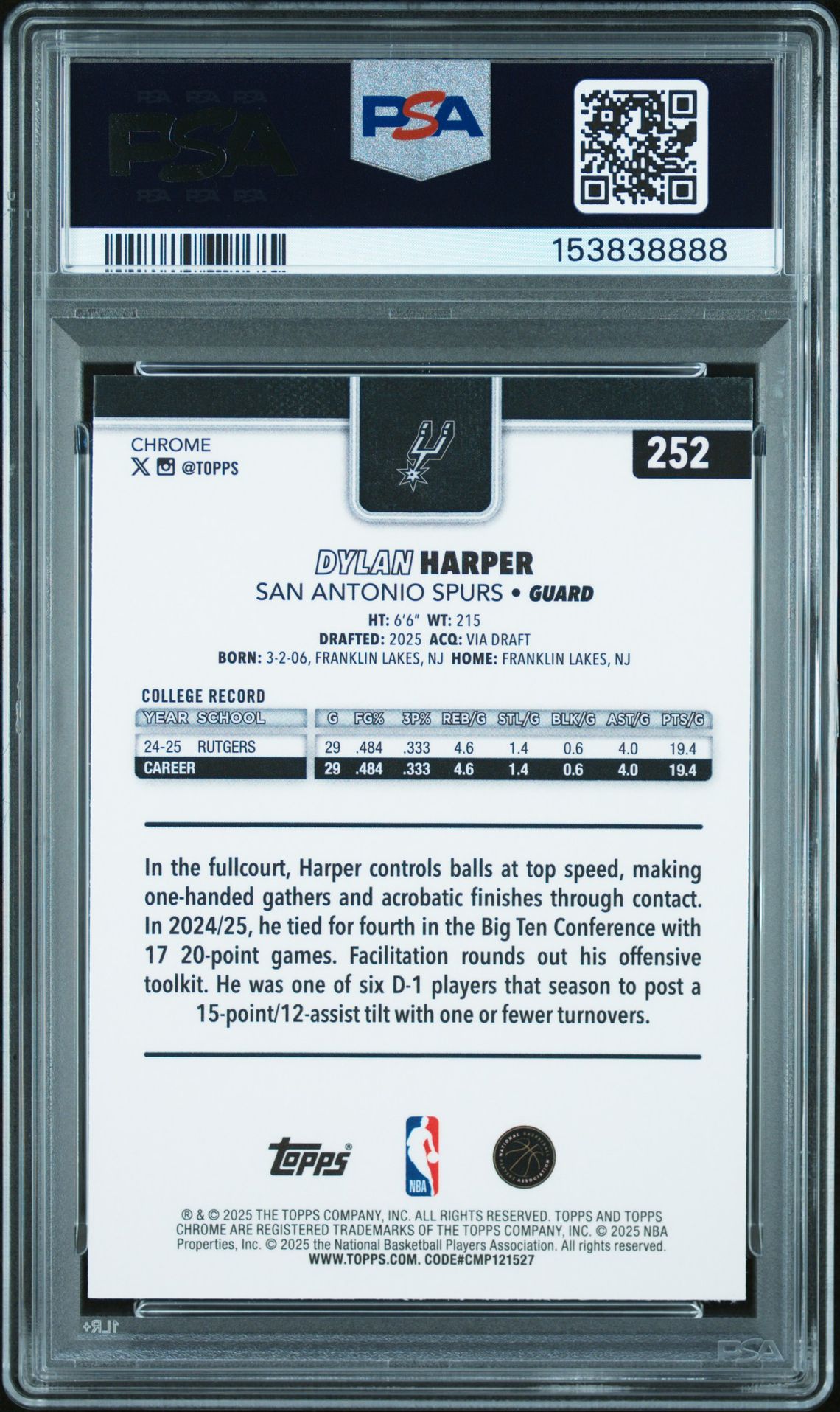 2025 Topps Chrome Dylan Harper #252 Mint 9 back