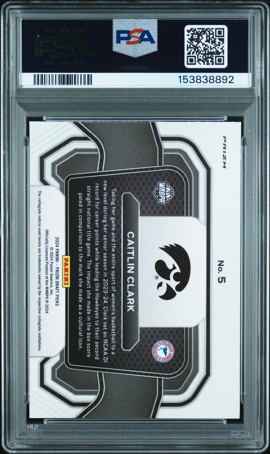 2024 Panini Prizm Draft Picks Campus Legends Caitlin Clark #5 (Campus Legend-Silver Prizm) Mint 9 back