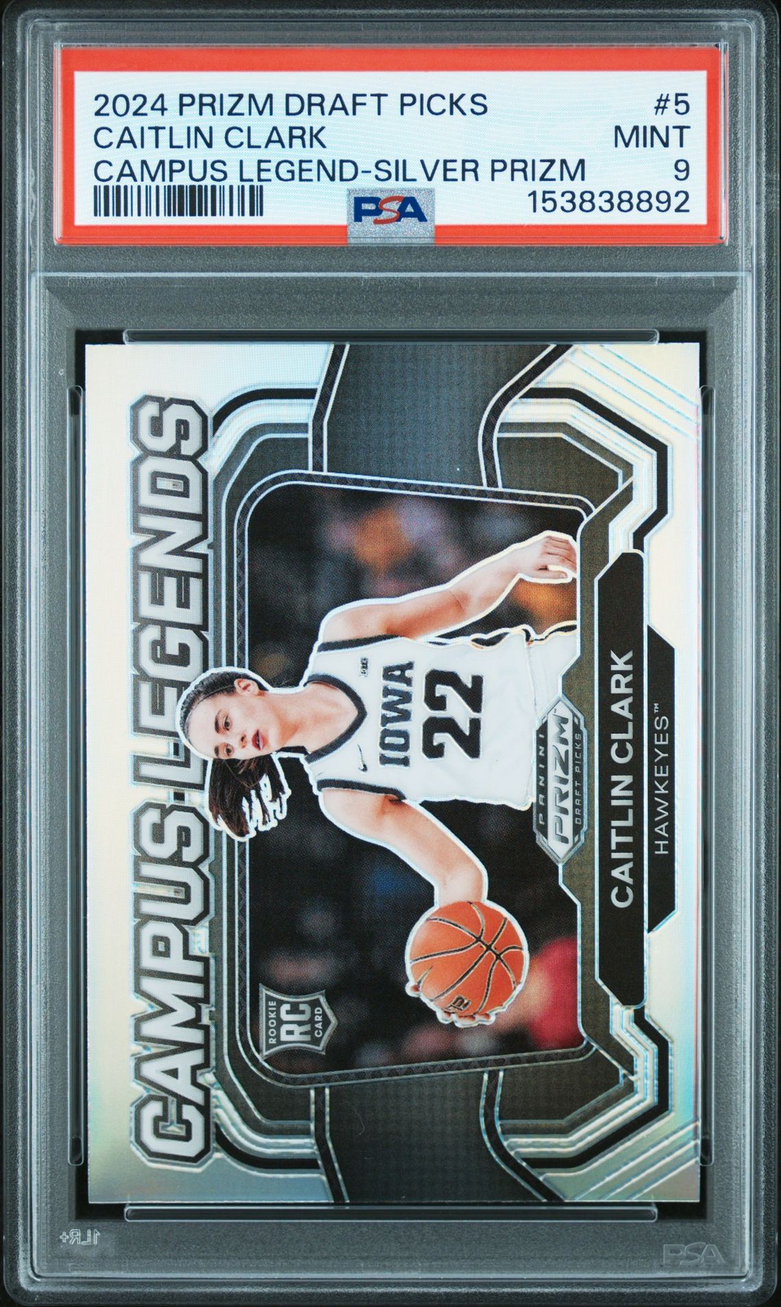 2024 Panini Prizm Draft Picks Campus Legends Caitlin Clark #5 (Campus Legend-Silver Prizm) Mint 9 front