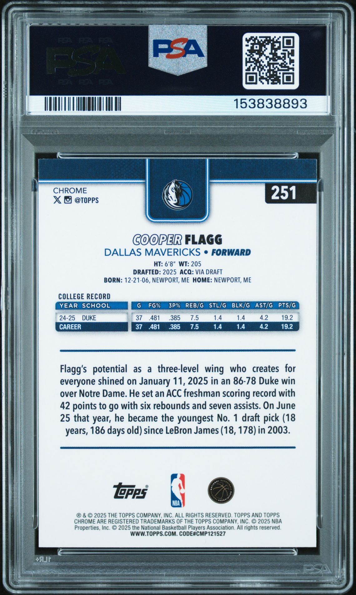 2025 Topps Chrome Cooper Flagg #251 Mint 9 back