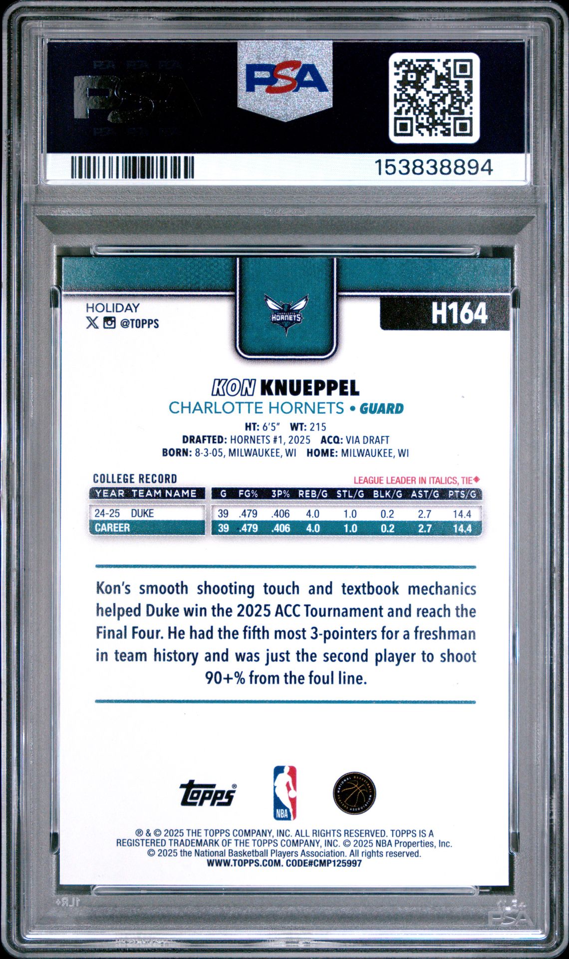 2025 Topps Holiday Kon Knueppel #H164 Gem Mt 10 back