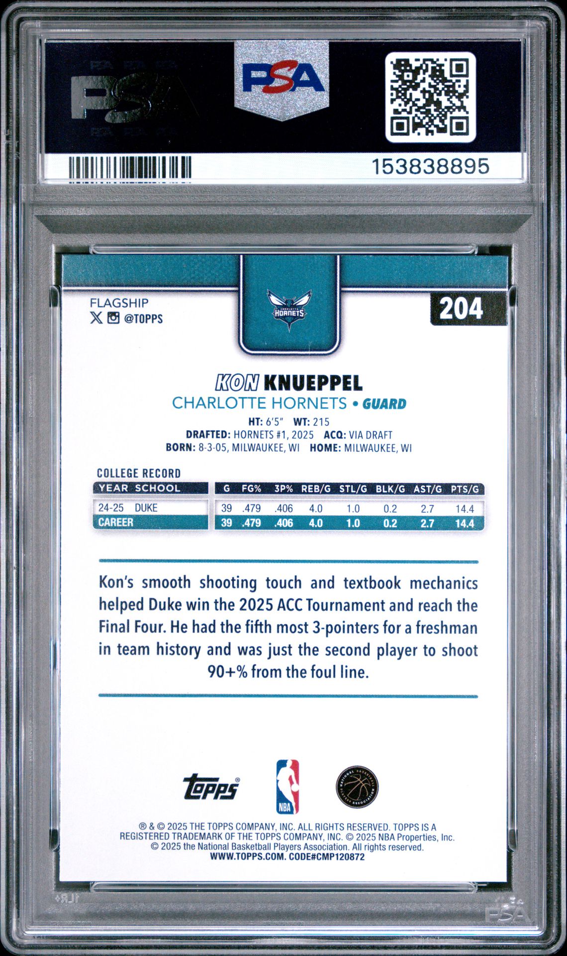 2025 Topps Kon Knueppel #204 Gem Mt 10 back