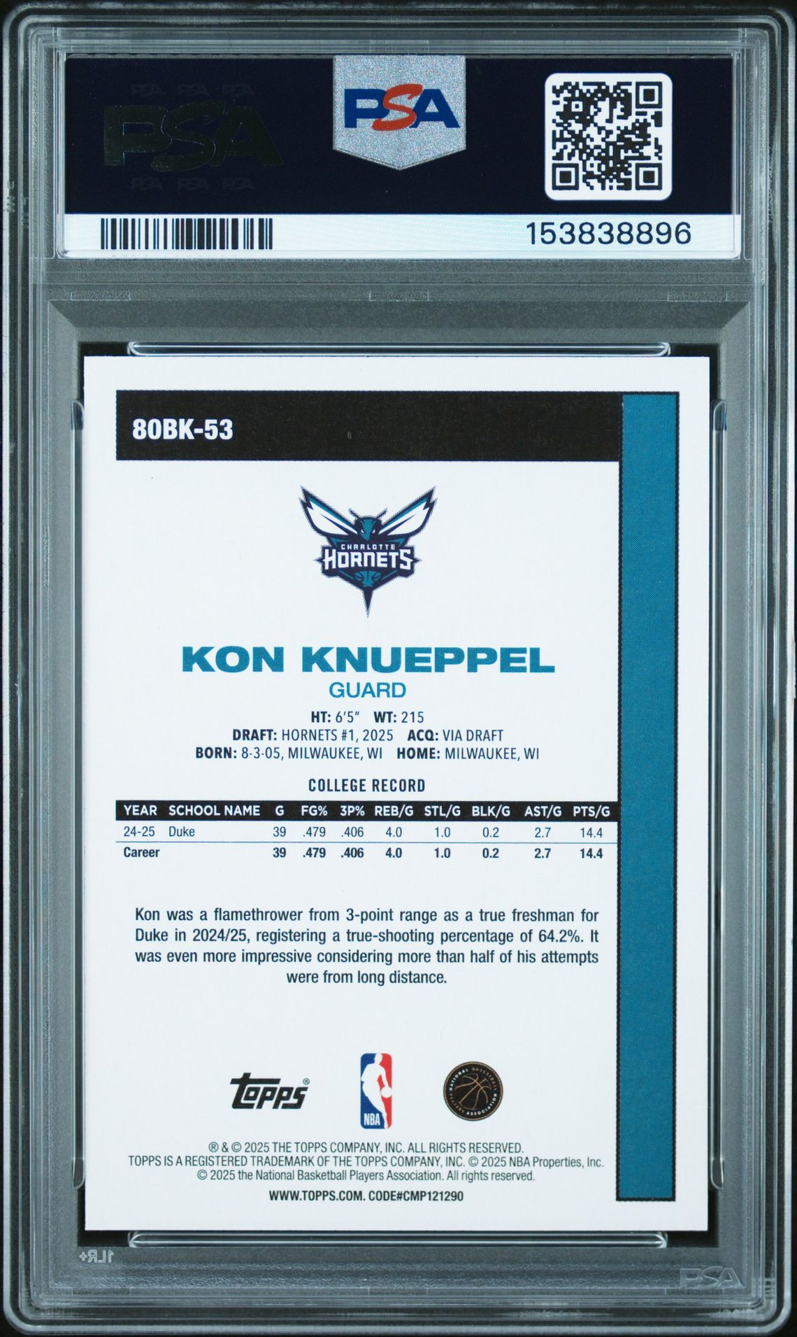 2025 Topps 1980-81 Topps Basketball Kon Knueppel #80Bk-53 Mint 9 back